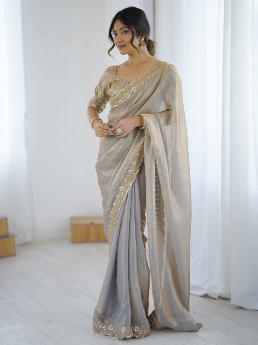 Beige Embellished Tissue Sarees - Ressa