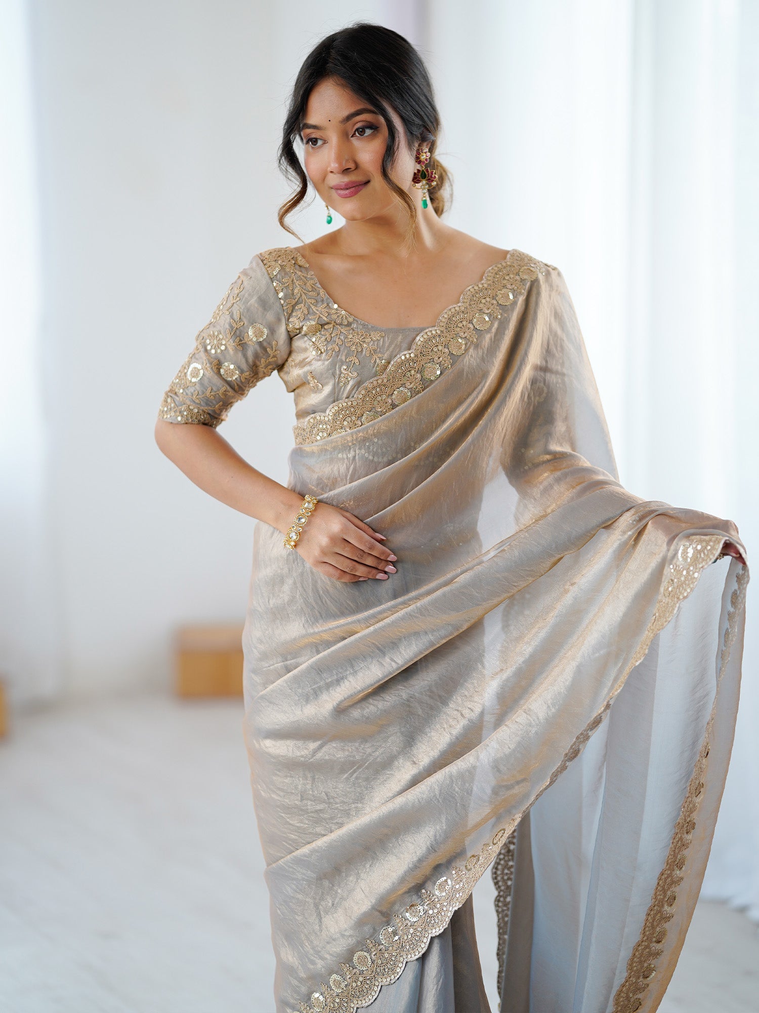 Beige Embellished Tissue Sarees - Ressa