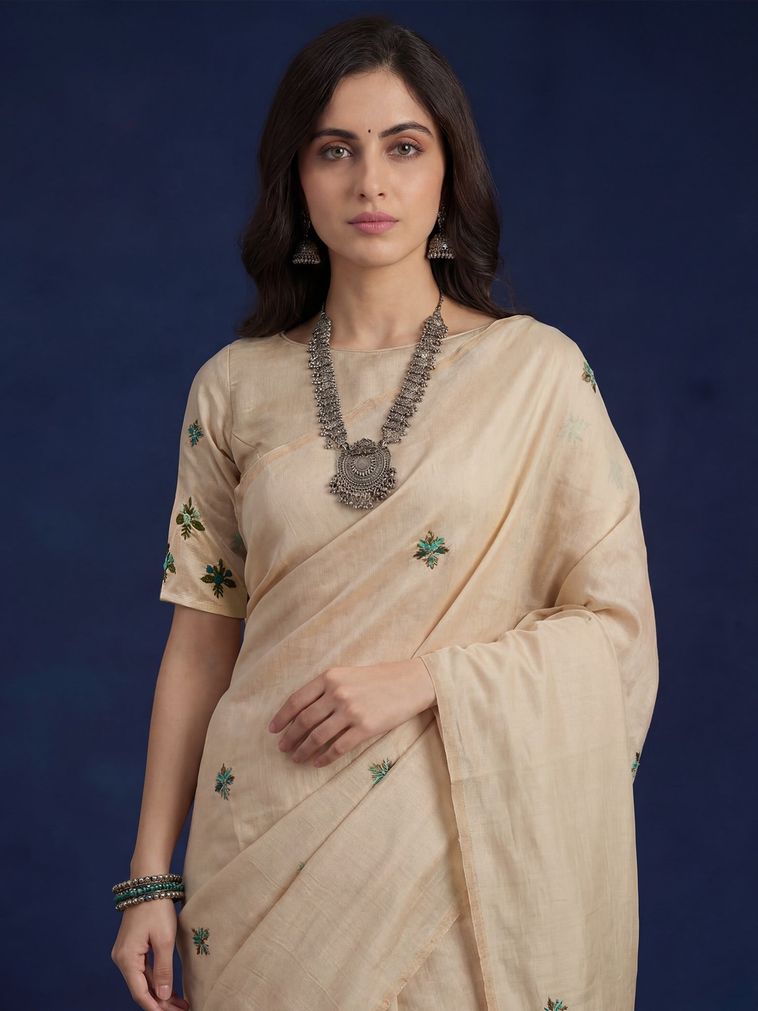 Beige Embrodered Saree - Ressa