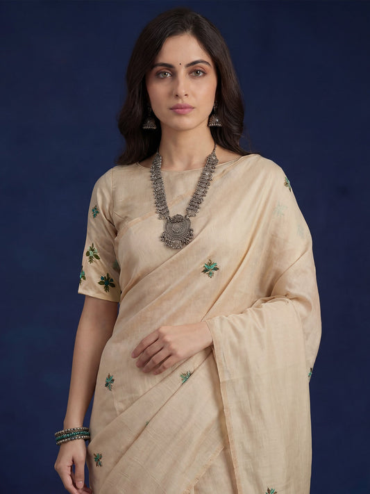 Beige Embrodered Saree - Ressa