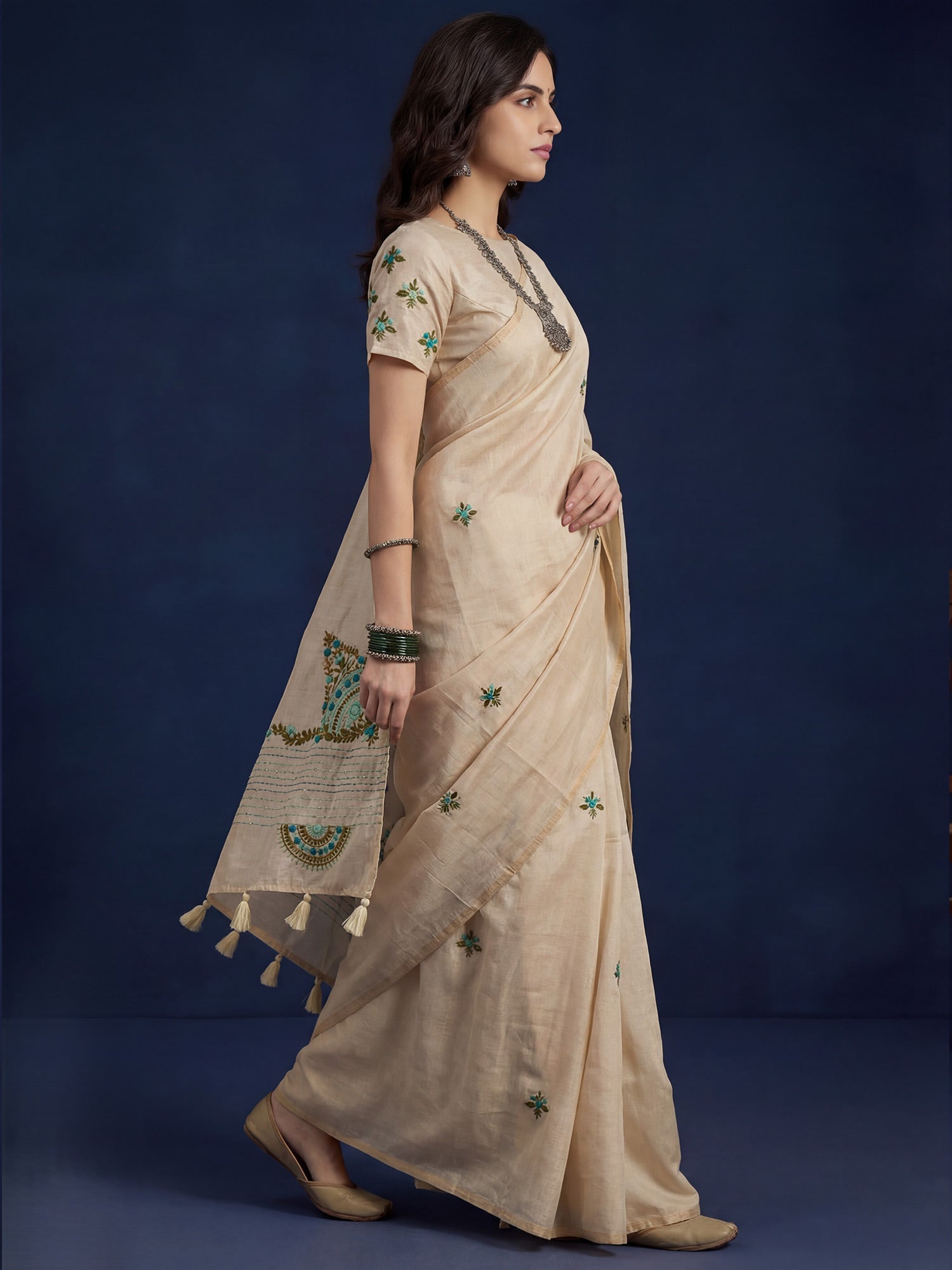 Beige Embrodered Saree - Ressa