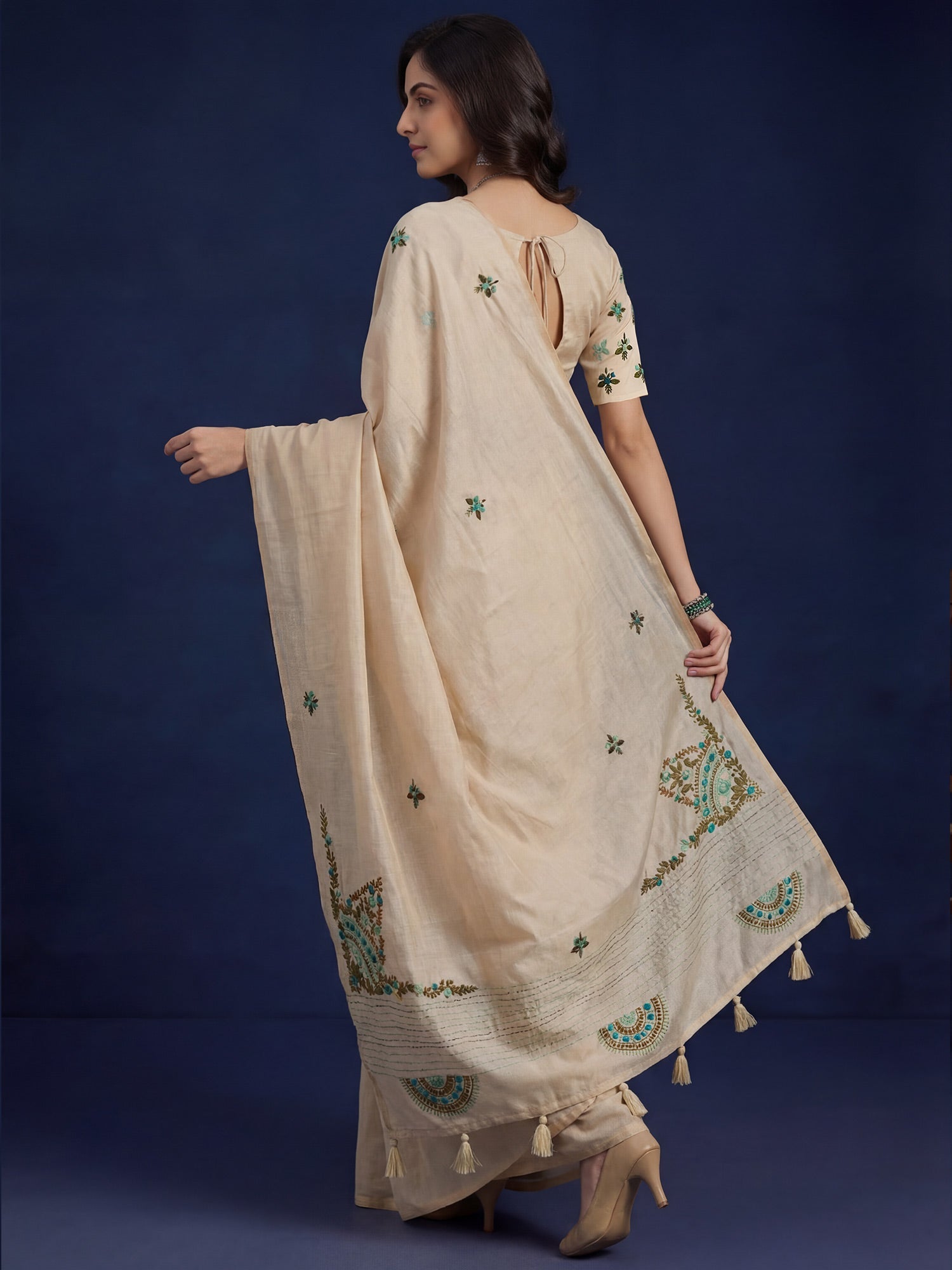 Beige Embrodered Saree - Ressa
