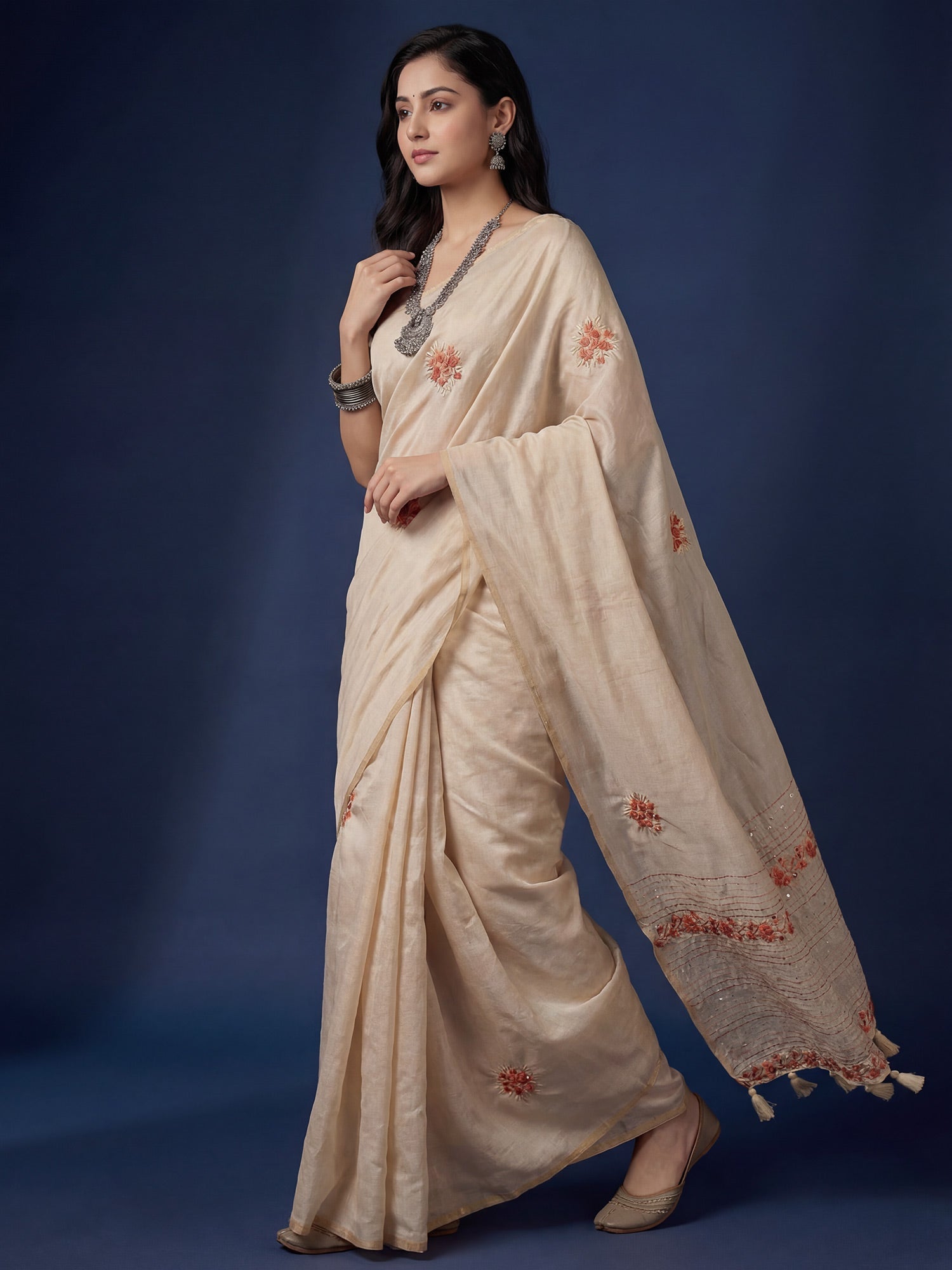 Beige Embrodered Tussar Silk Saree - Ressa