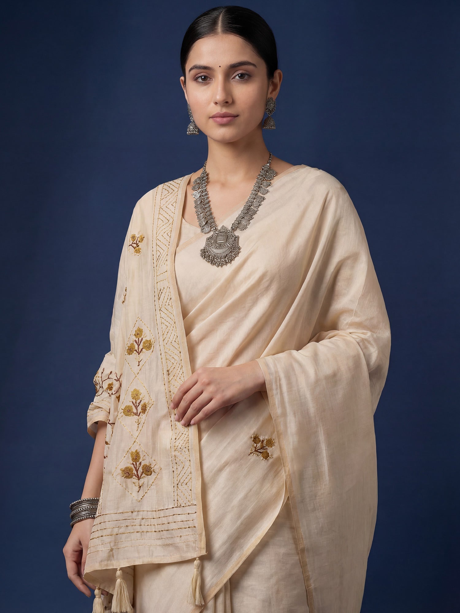 Beige Embrodered Tussar Silk Saree - Ressa