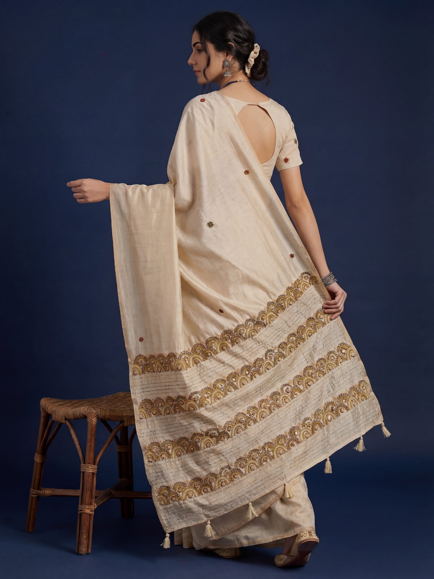 Beige Embrodered Tussar Silk Saree - Ressa