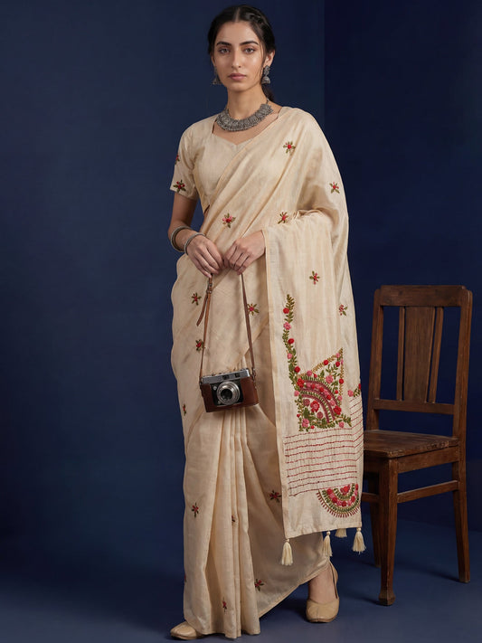 Beige Embrodered Tussar Silk Saree - Ressa