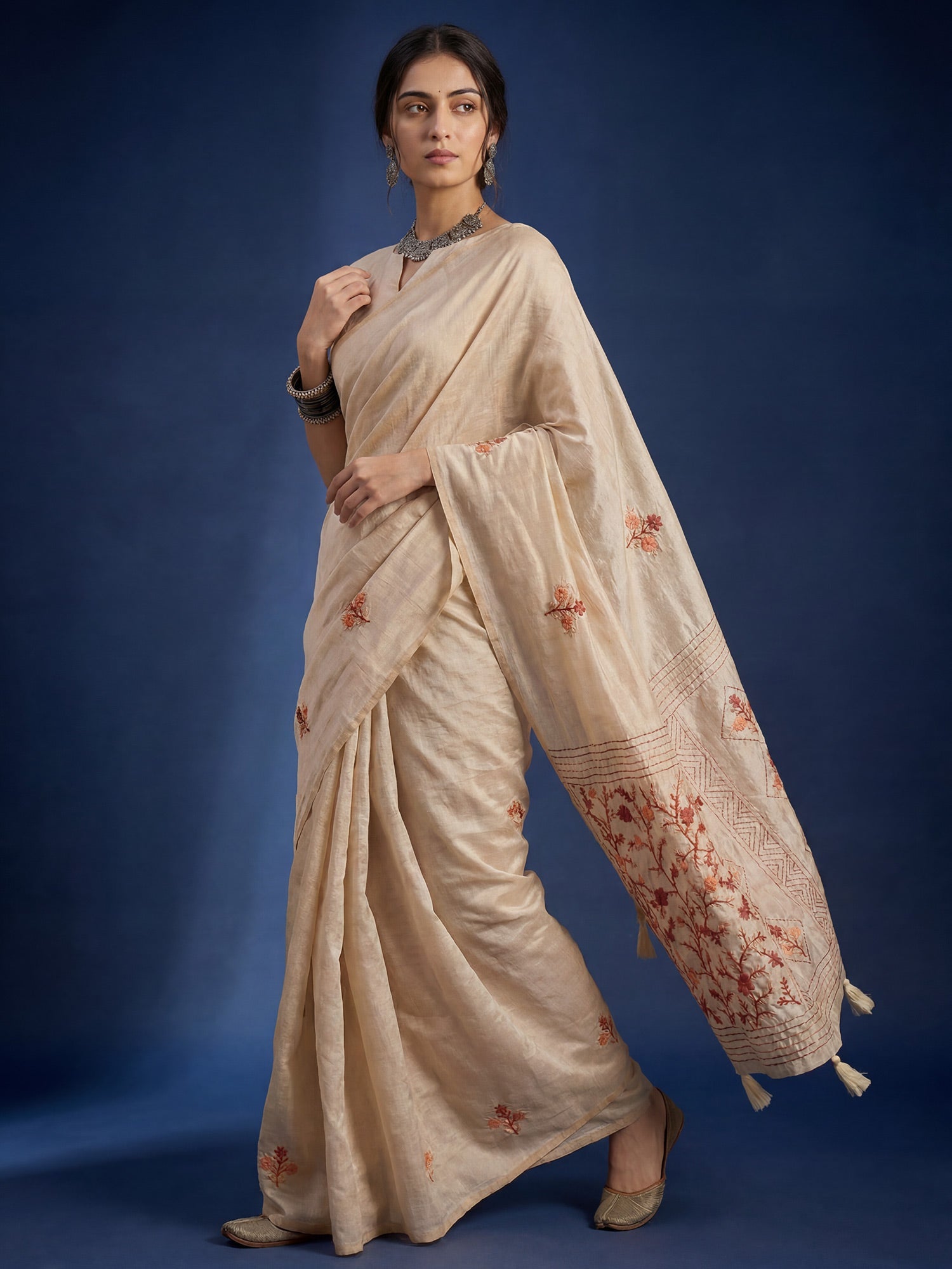 Beige Embrodered Tussar Silk Saree - Ressa