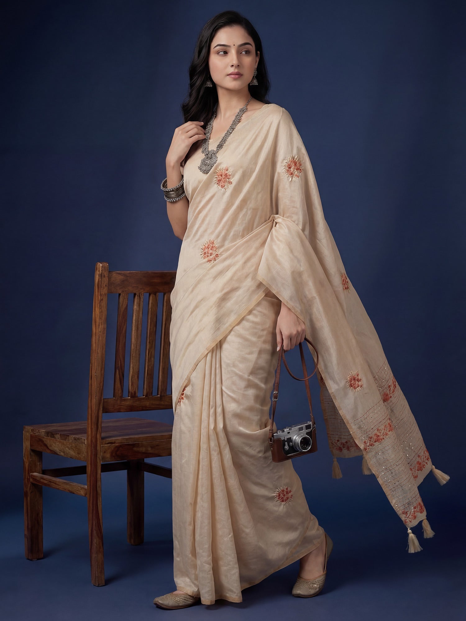 Beige Embrodered Tussar Silk Saree - Ressa