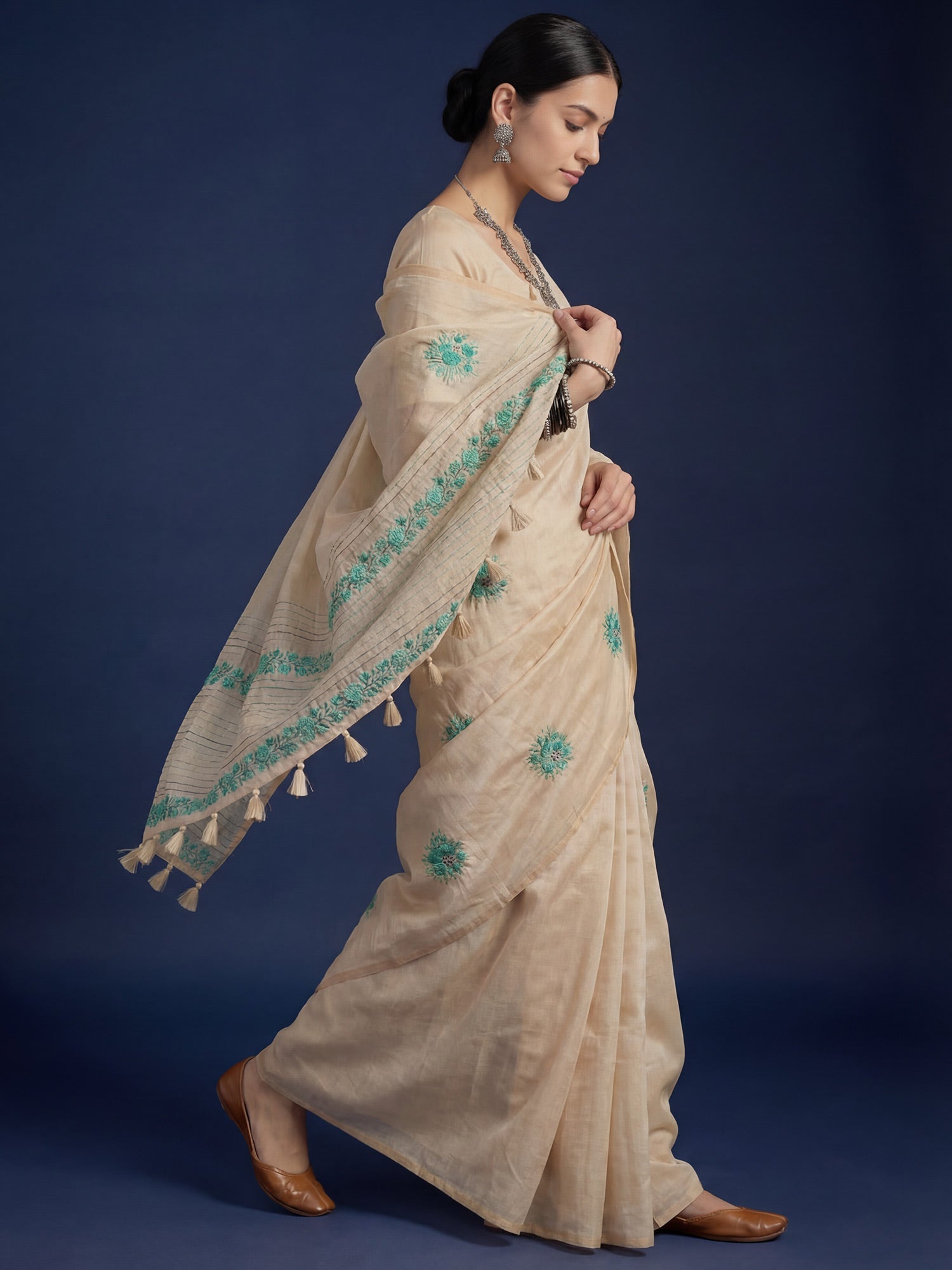 Beige Embrodered Tussar Silk Saree - Ressa