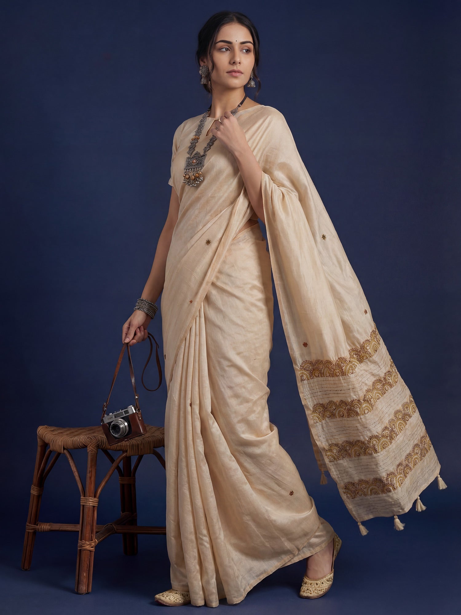 Beige Embrodered Tussar Silk Saree - Ressa