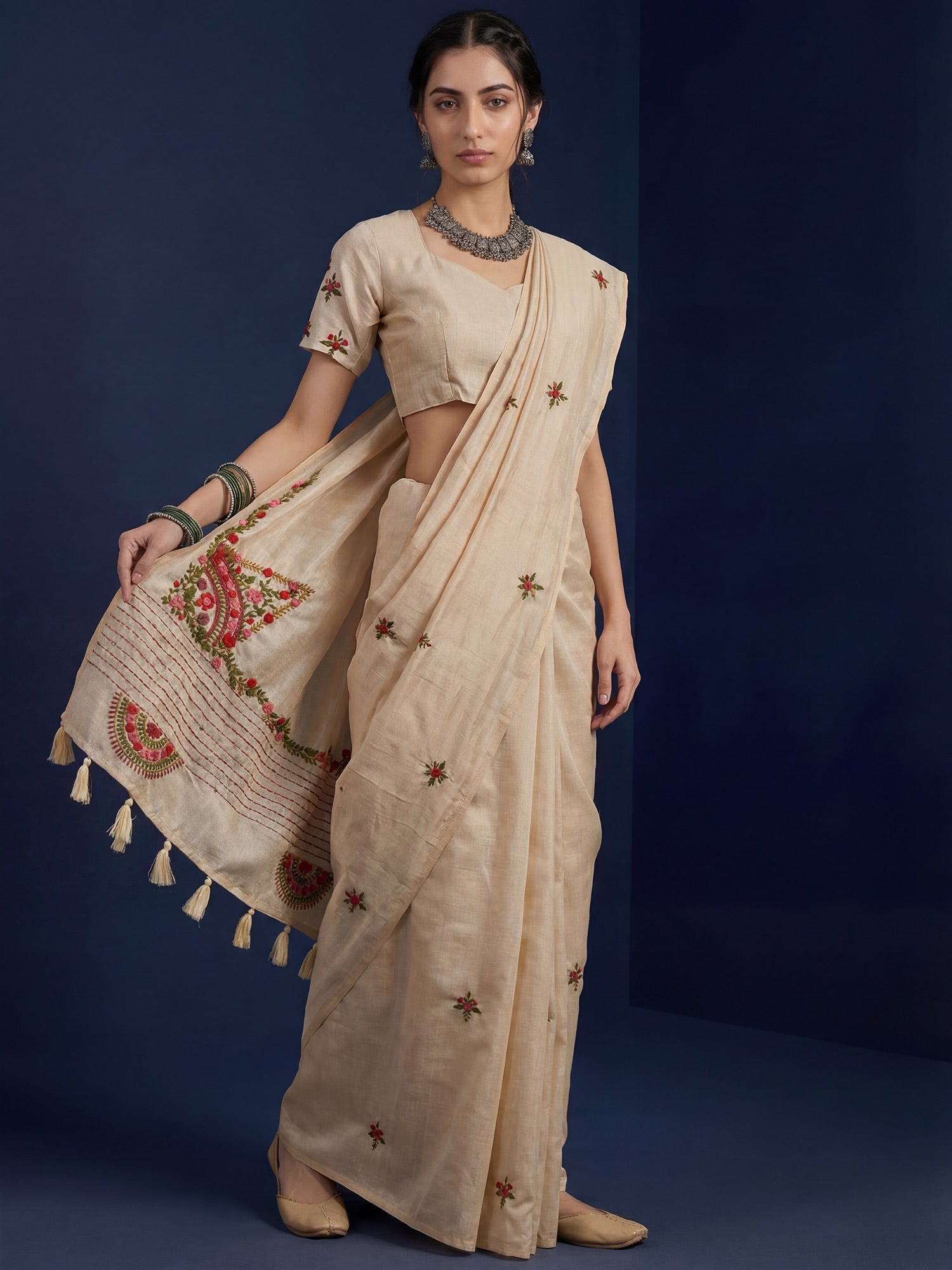 Beige Embrodered Tussar Silk Saree - Ressa