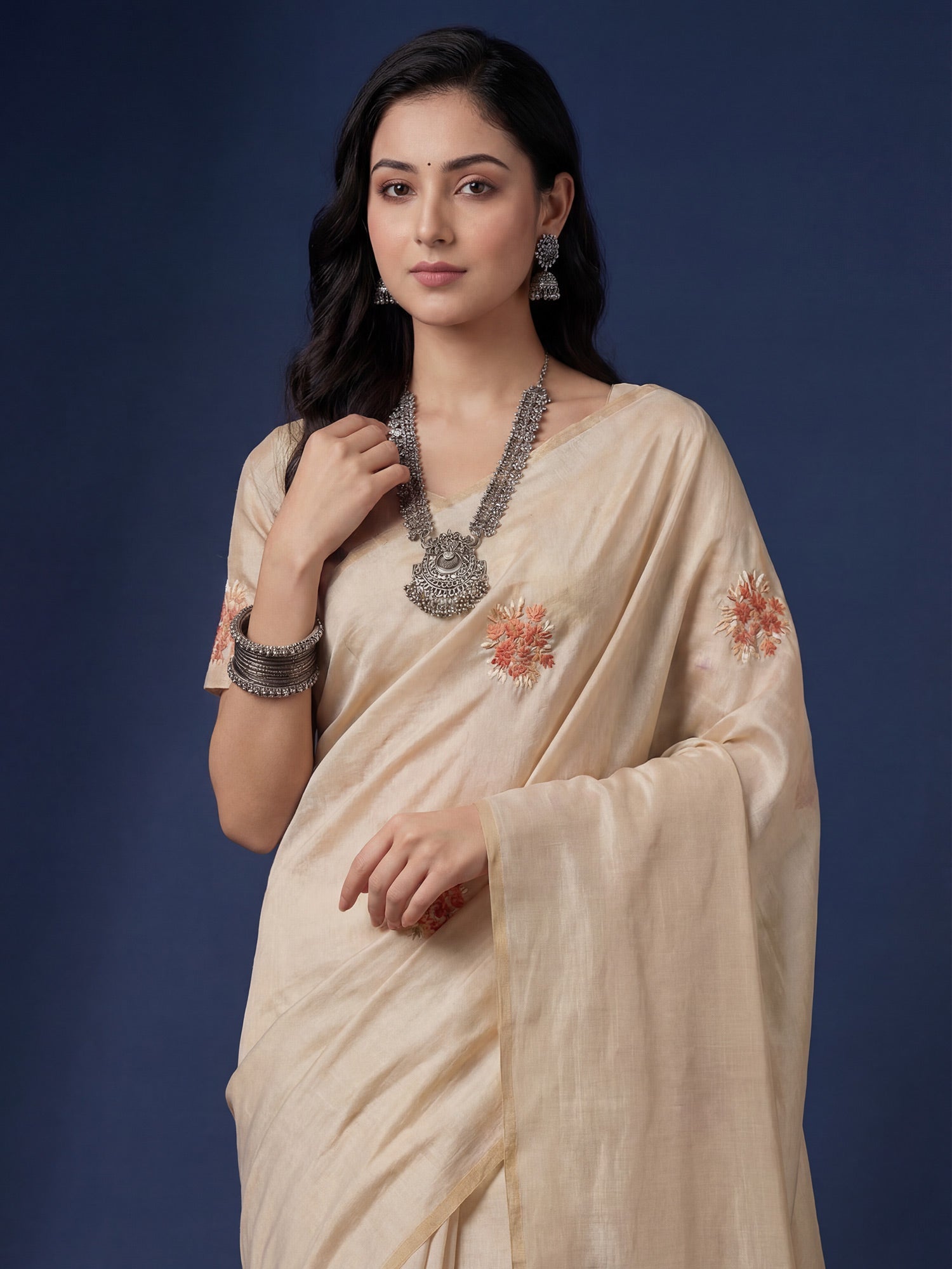 Beige Embrodered Tussar Silk Saree - Ressa