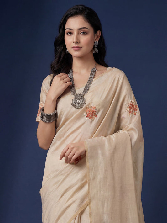 Beige Embrodered Tussar Silk Saree - Ressa