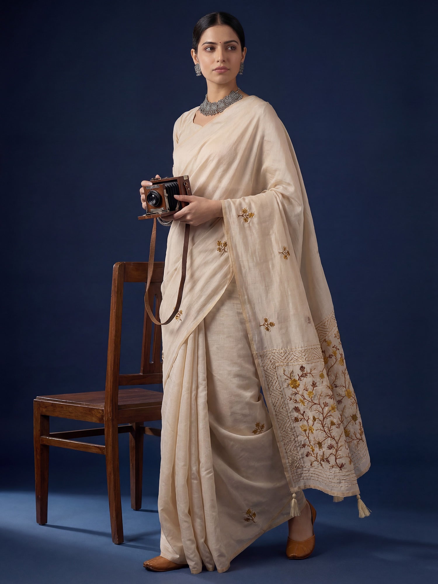 Beige Embrodered Tussar Silk Saree - Ressa