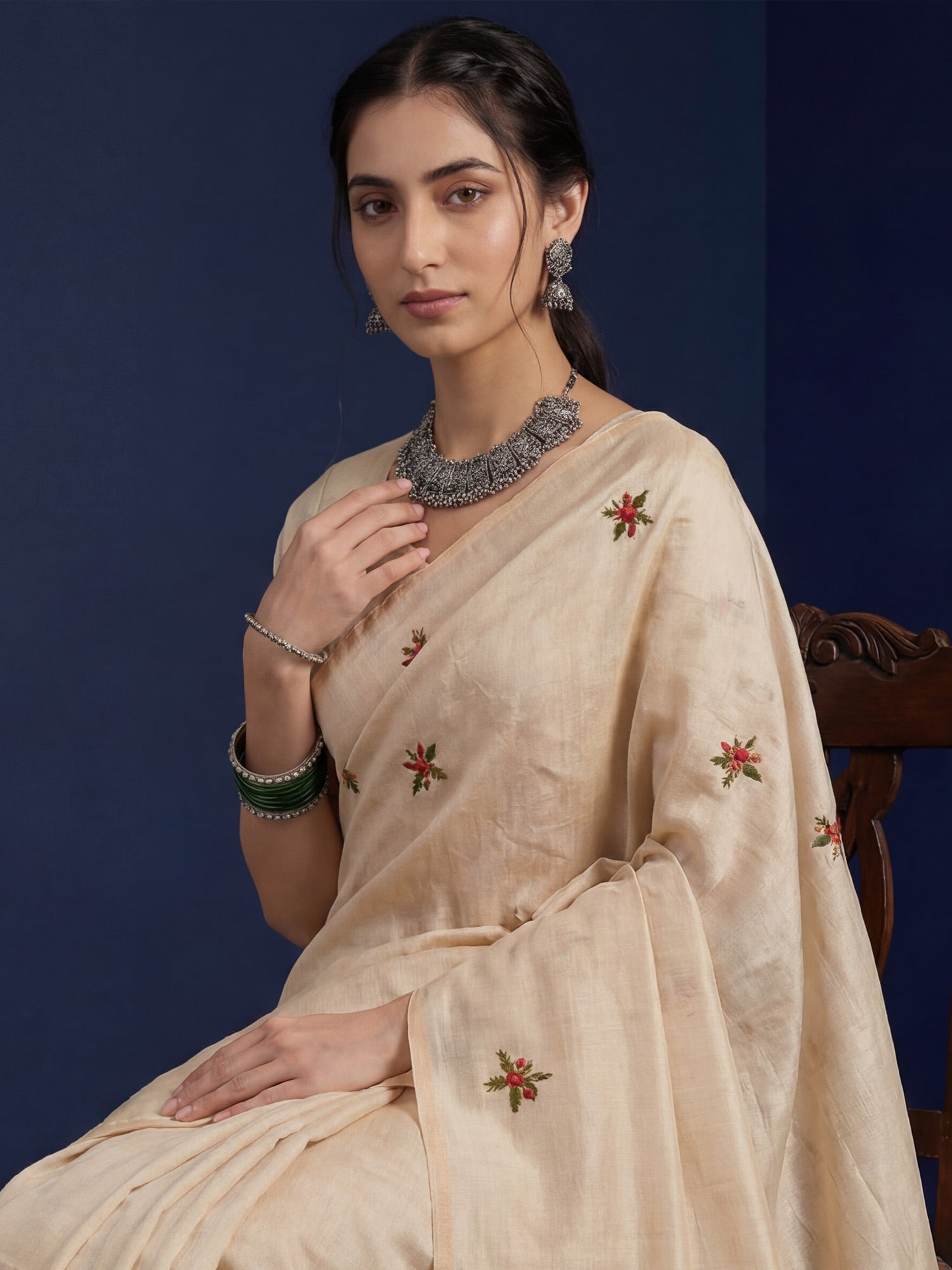 Beige Embrodered Tussar Silk Saree - Ressa