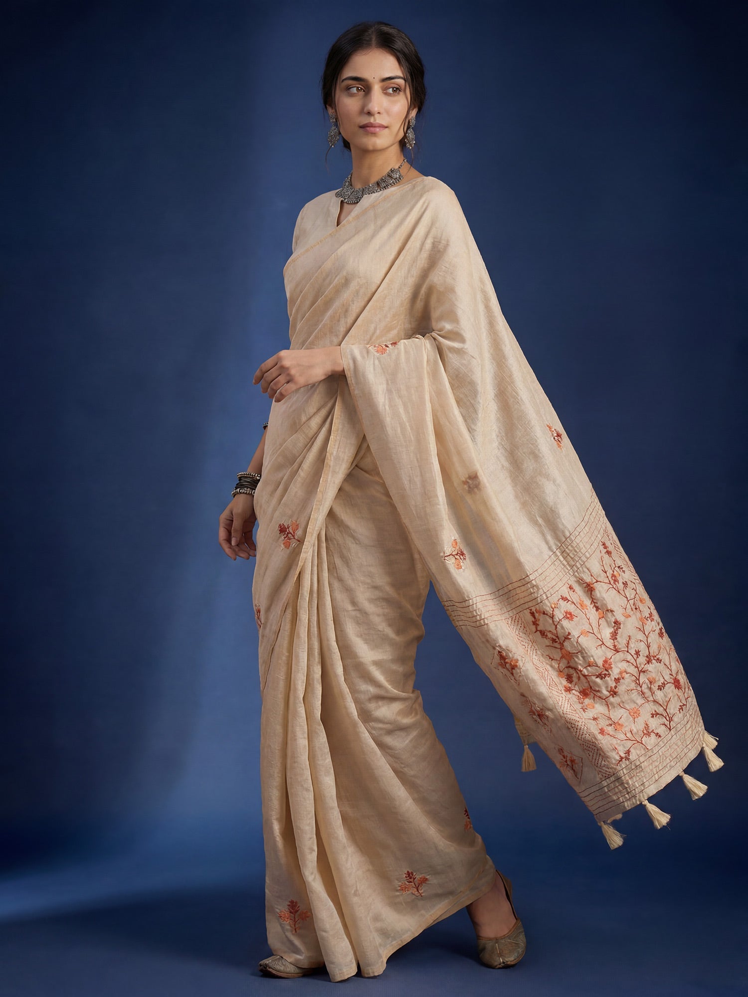 Beige Embrodered Tussar Silk Saree - Ressa