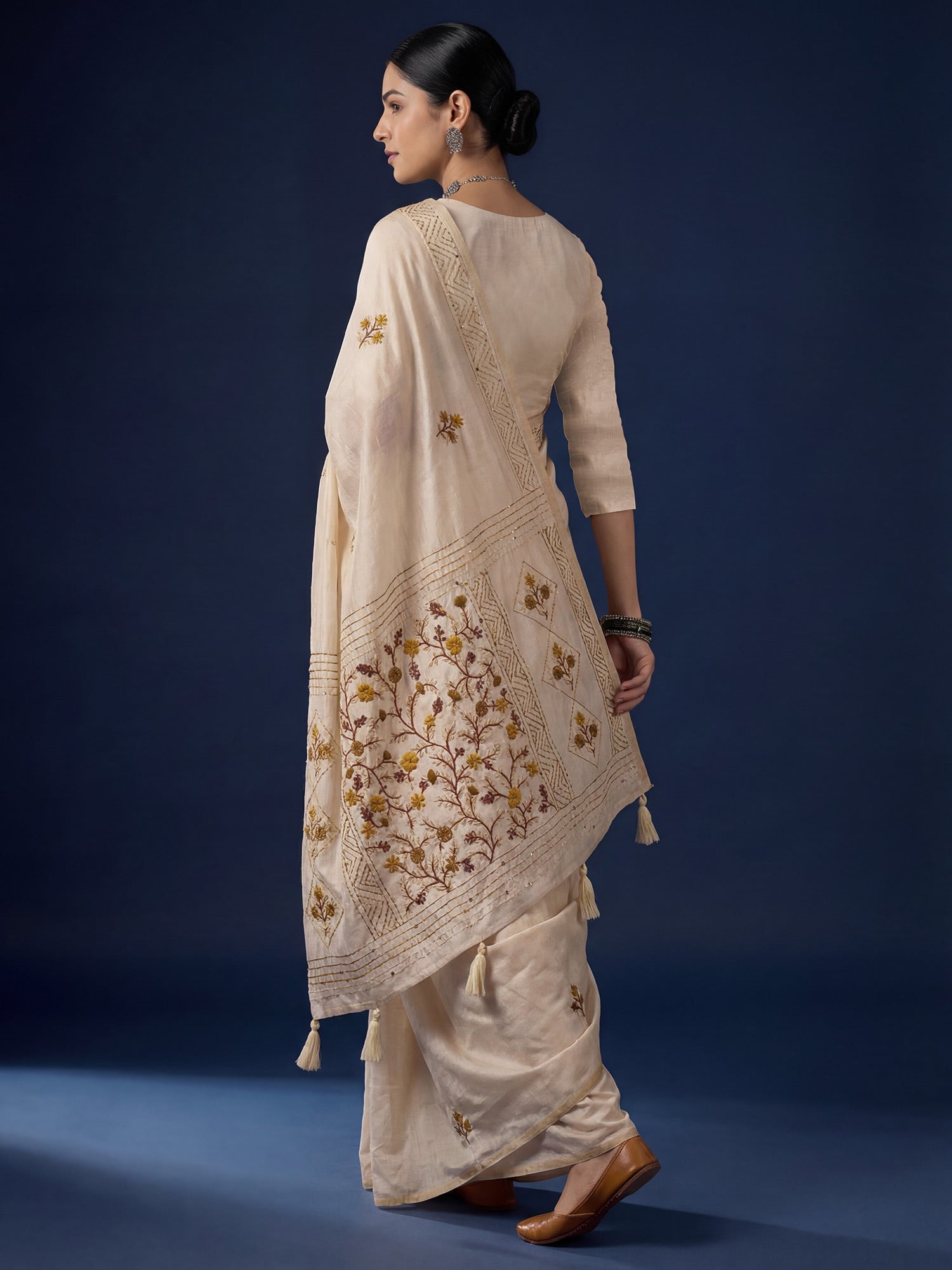 Beige Embrodered Tussar Silk Saree - Ressa