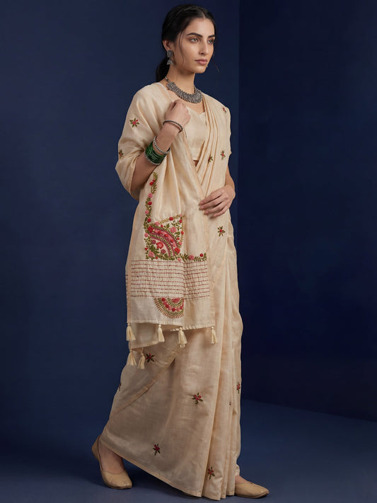 Beige Embrodered Tussar Silk Saree - Ressa