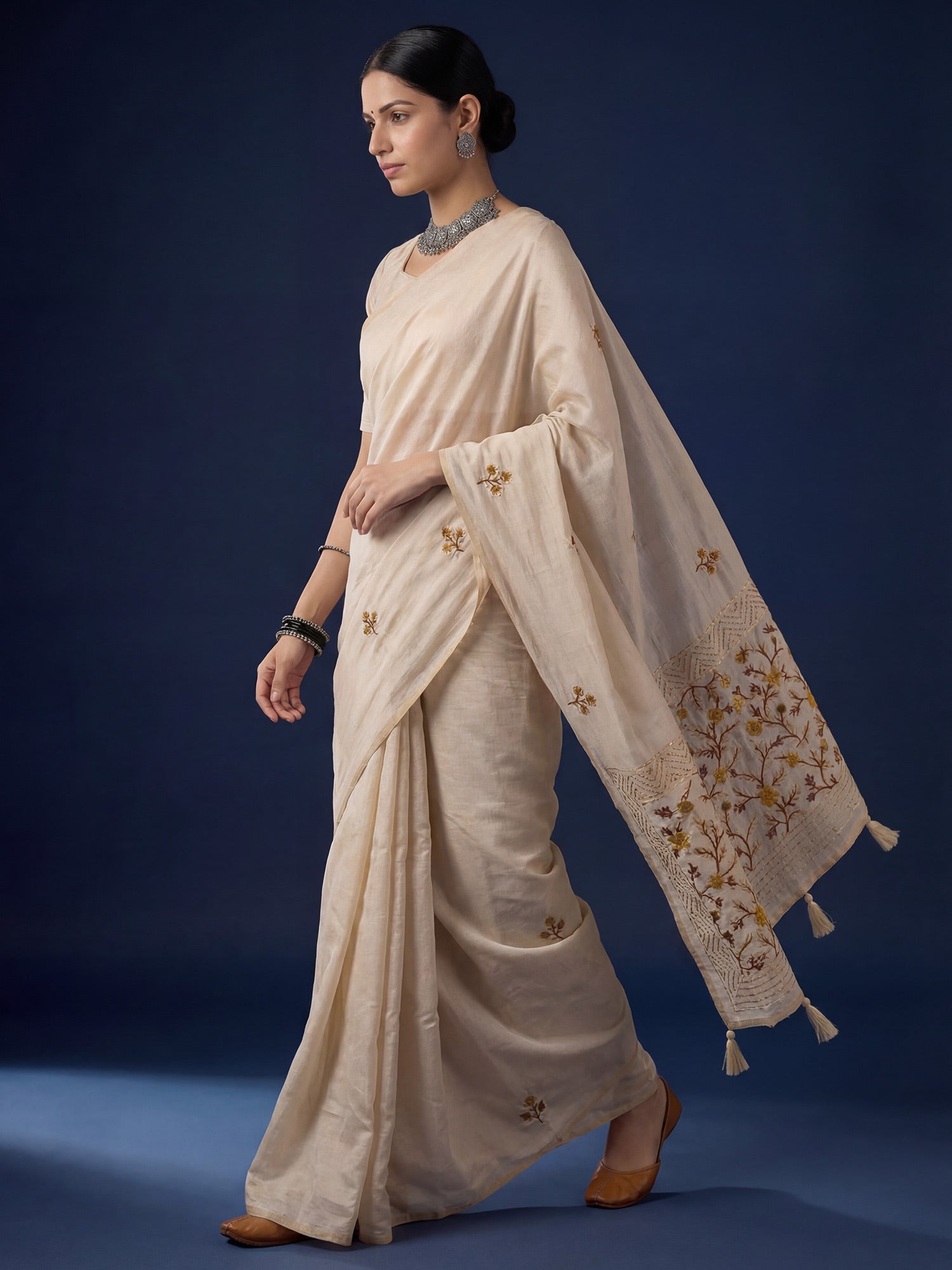 Beige Embrodered Tussar Silk Saree - Ressa