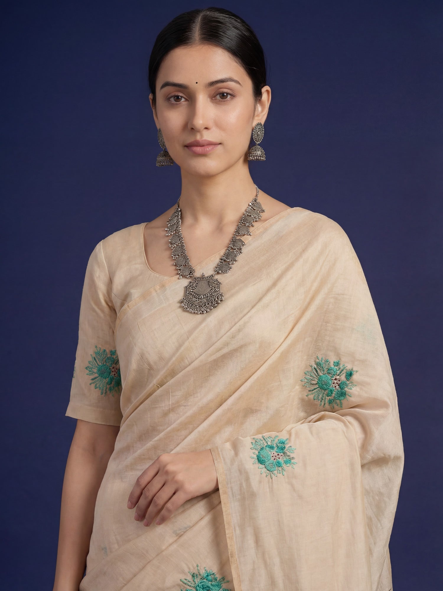 Beige Embrodered Tussar Silk Saree - Ressa