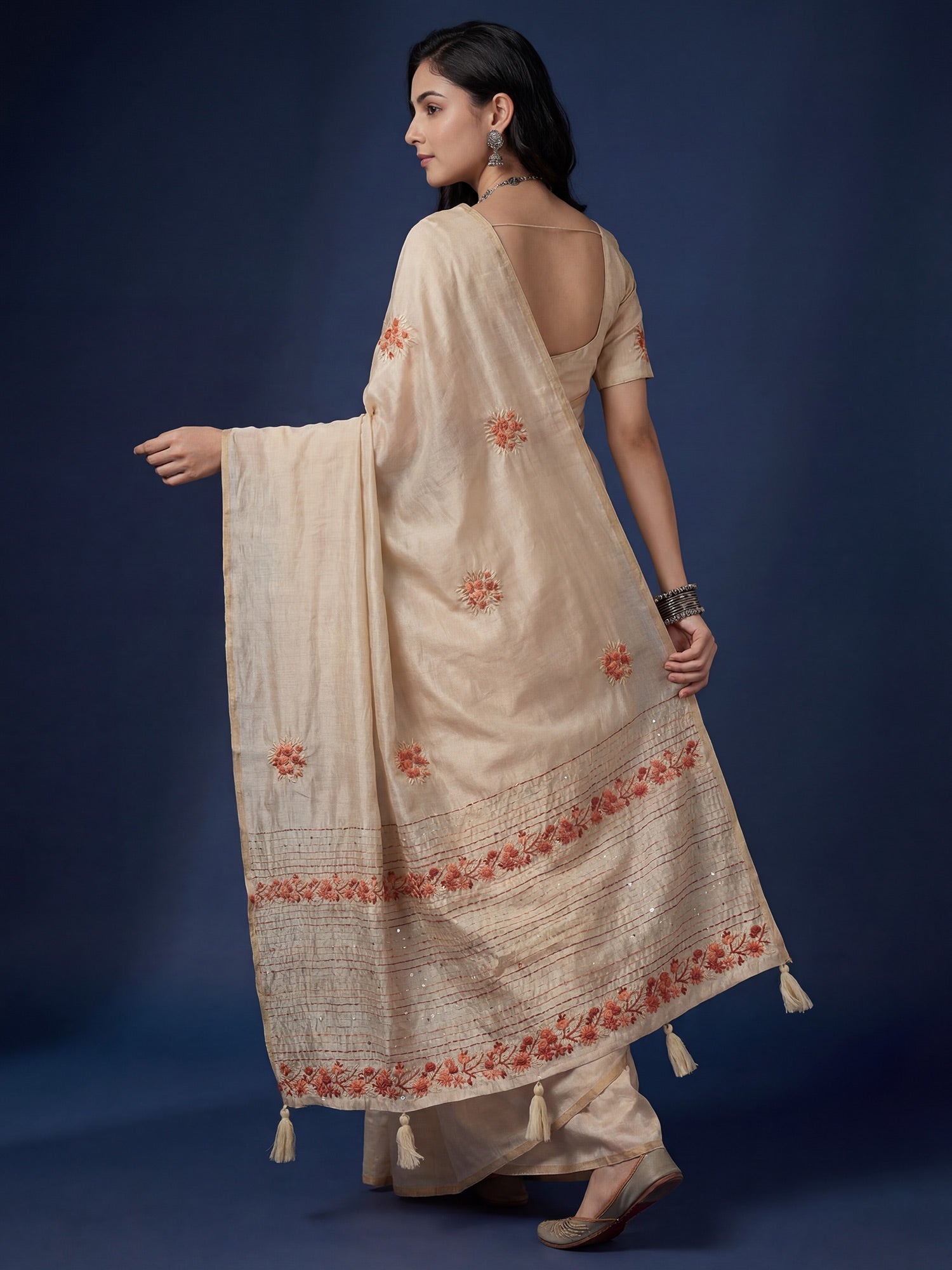 Beige Embrodered Tussar Silk Saree - Ressa