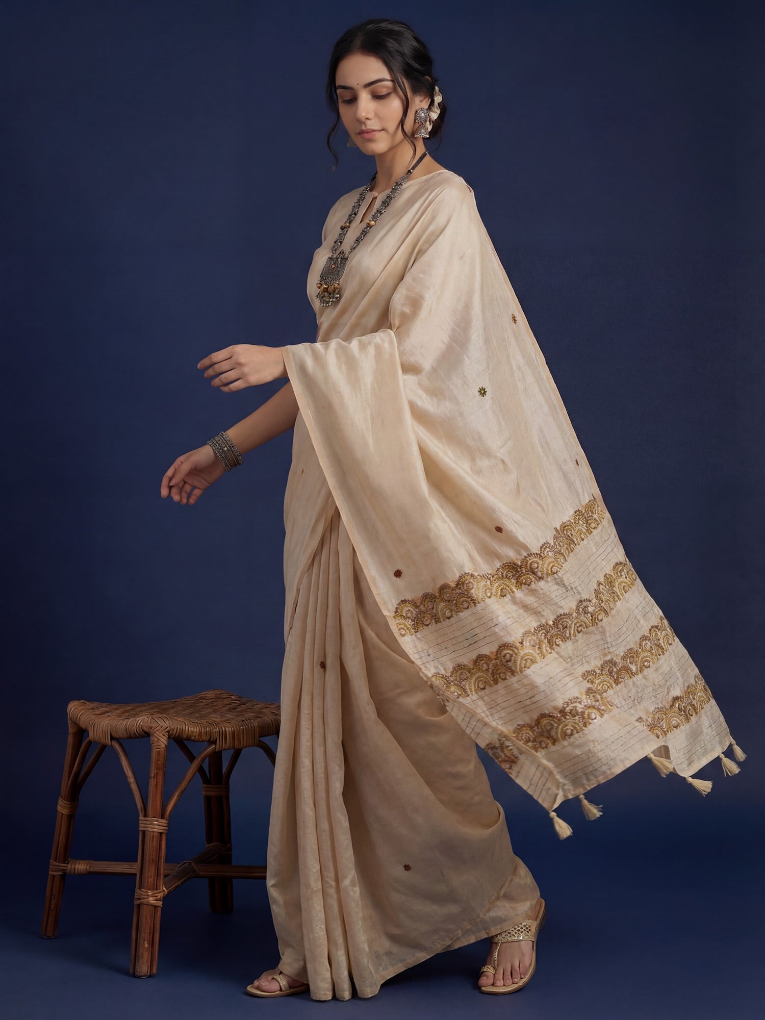 Beige Embrodered Tussar Silk Saree - Ressa