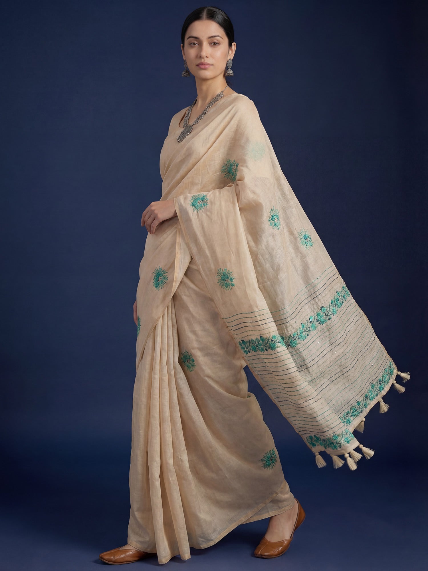 Beige Embrodered Tussar Silk Saree - Ressa