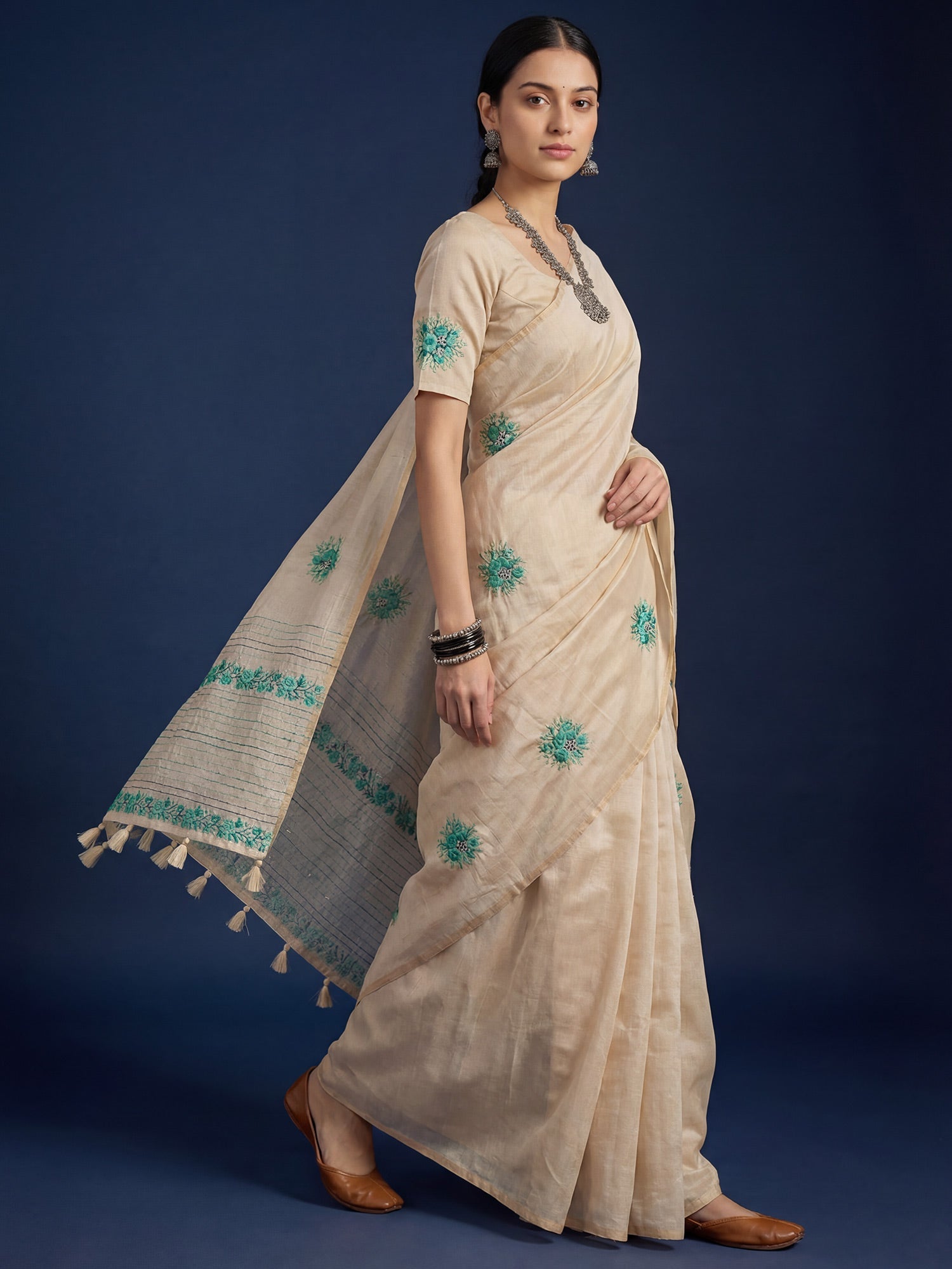 Beige Embrodered Tussar Silk Saree - Ressa