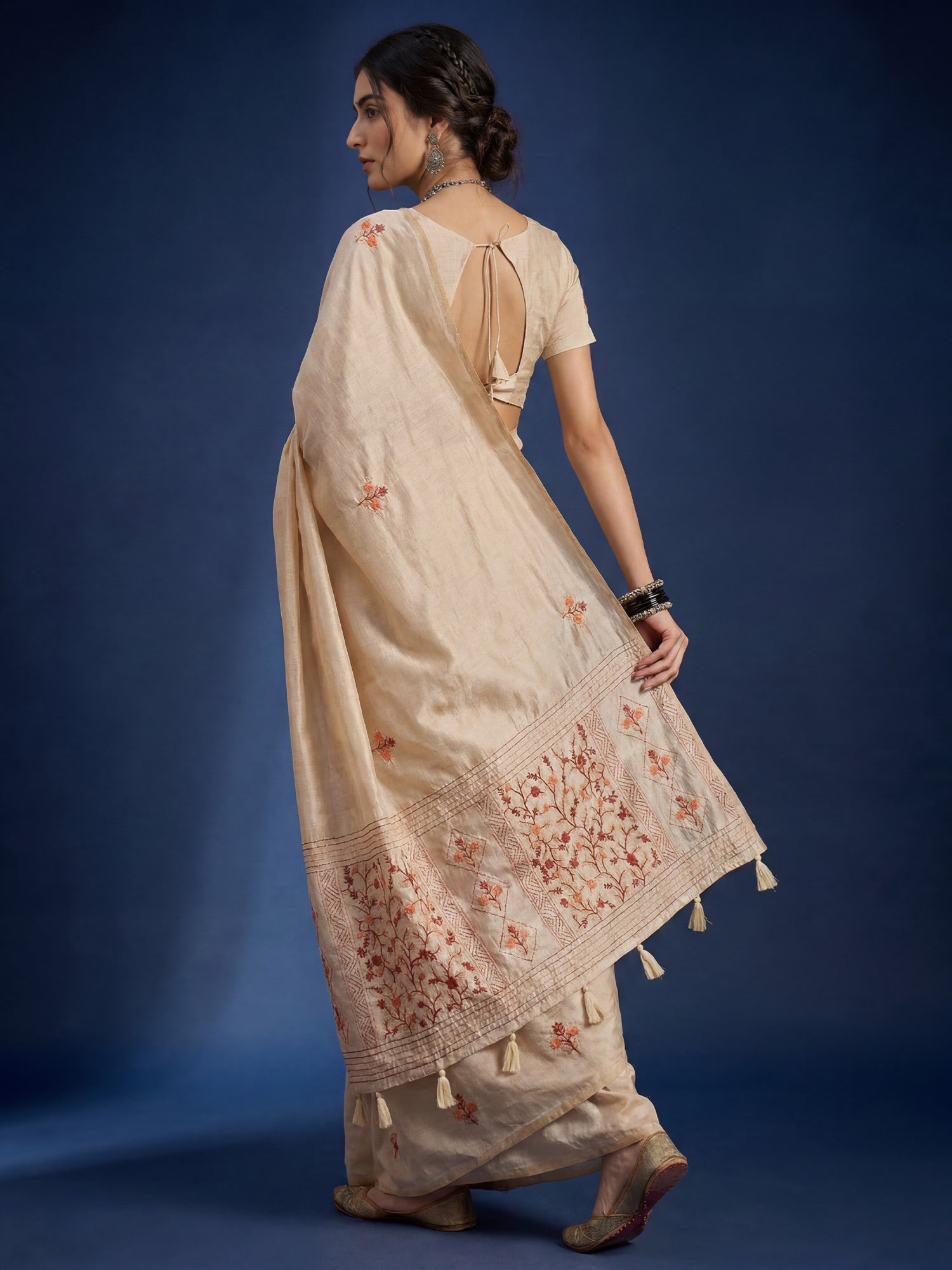 Beige Embrodered Tussar Silk Saree - Ressa