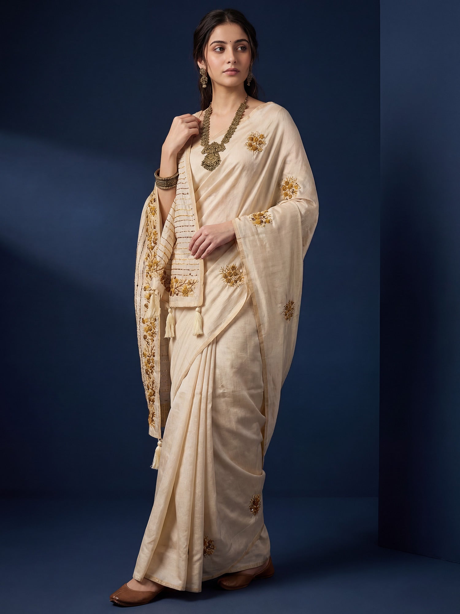 Beige embroidered Silk Saree - Ressa