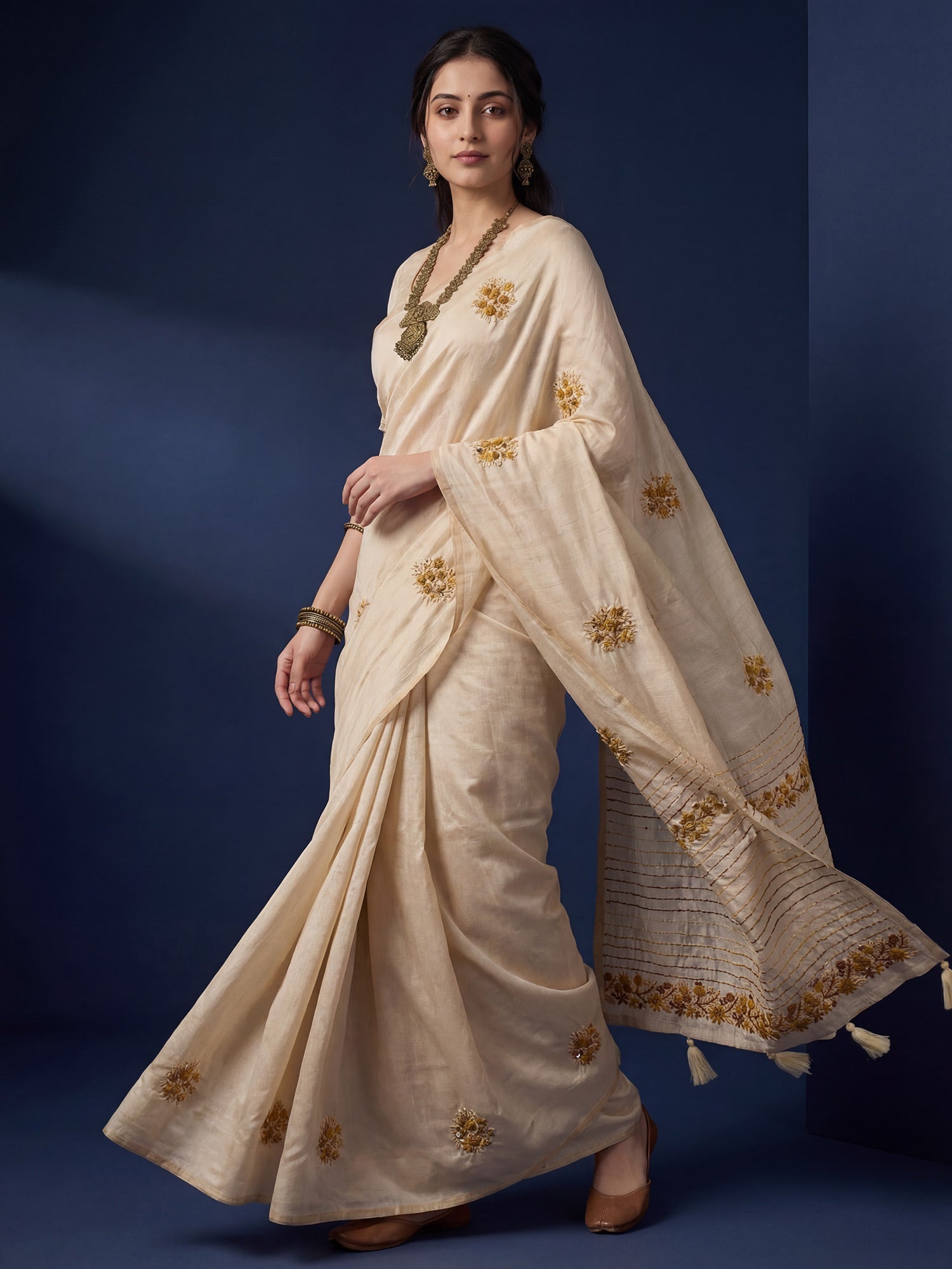 Beige embroidered Silk Saree - Ressa