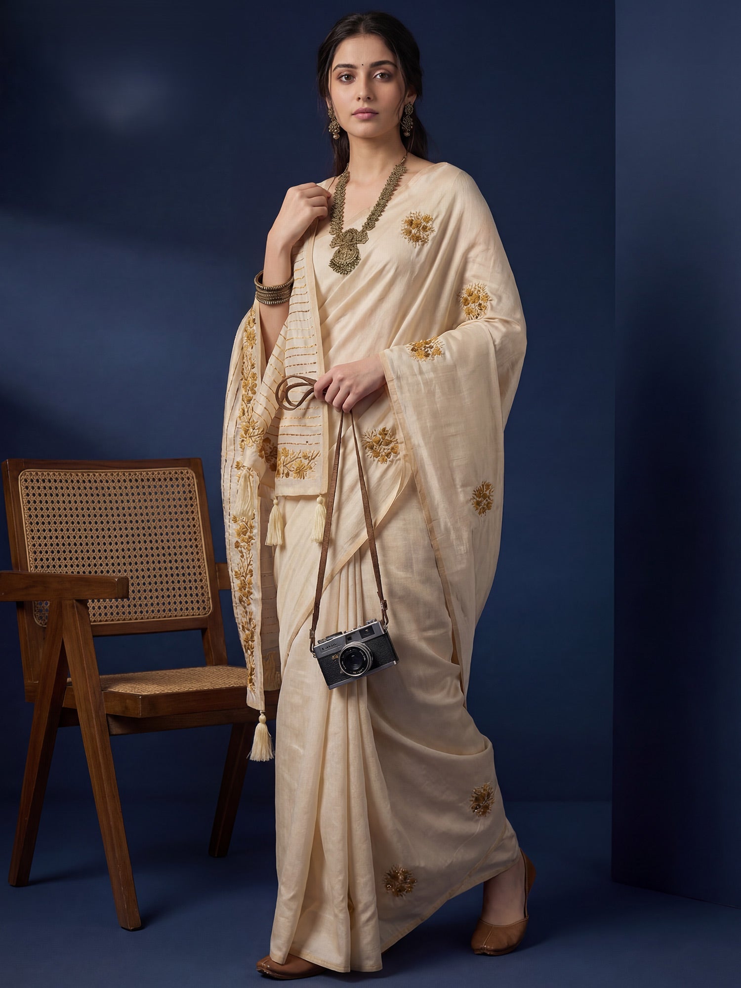 Beige embroidered Silk Saree - Ressa