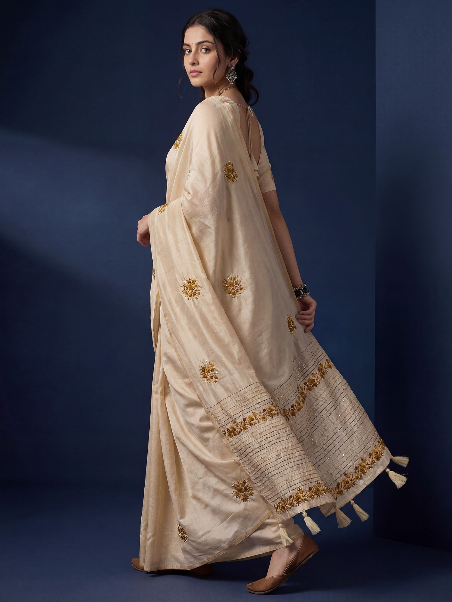 Beige embroidered Silk Saree - Ressa