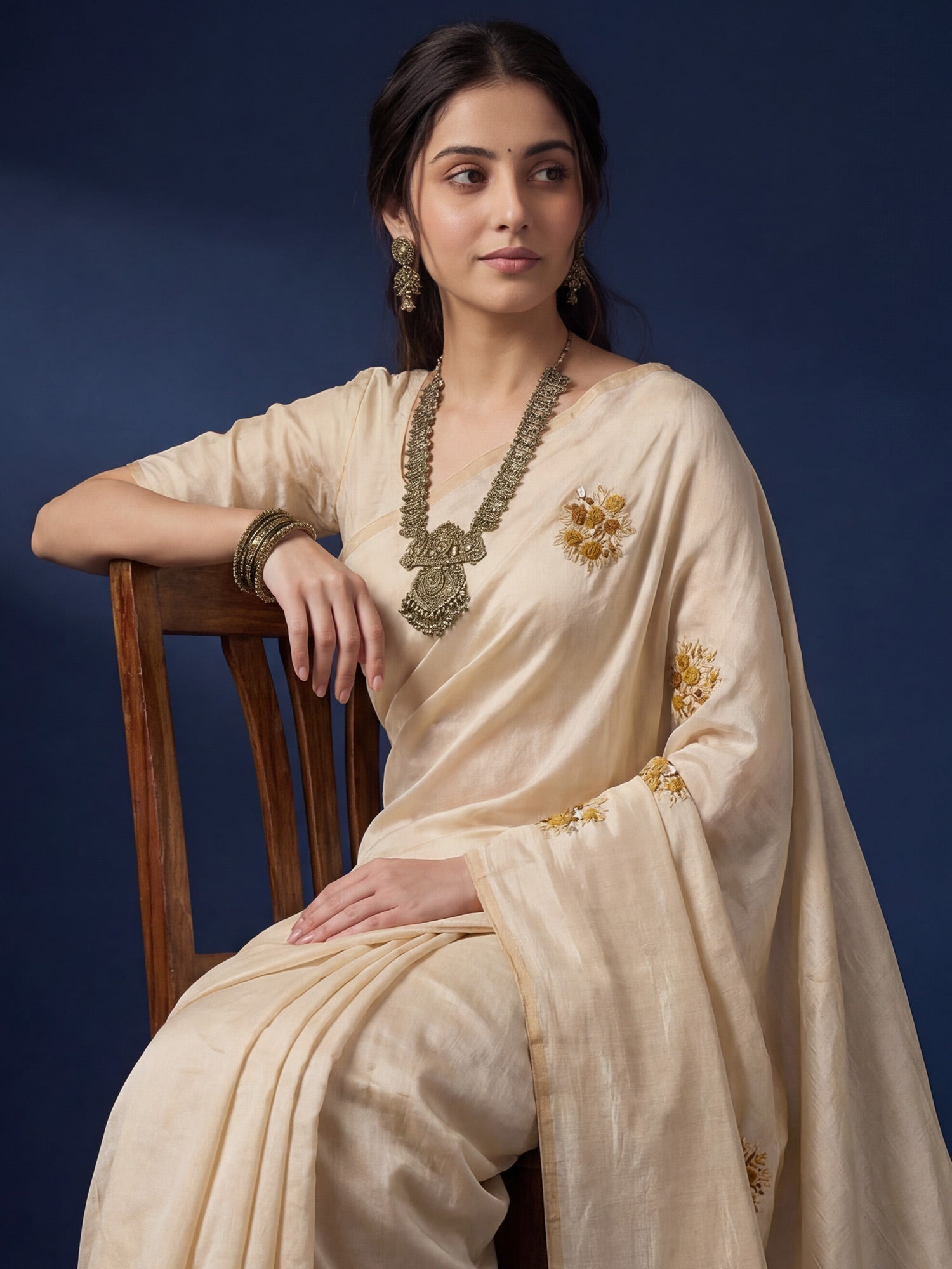 Beige embroidered Silk Saree - Ressa