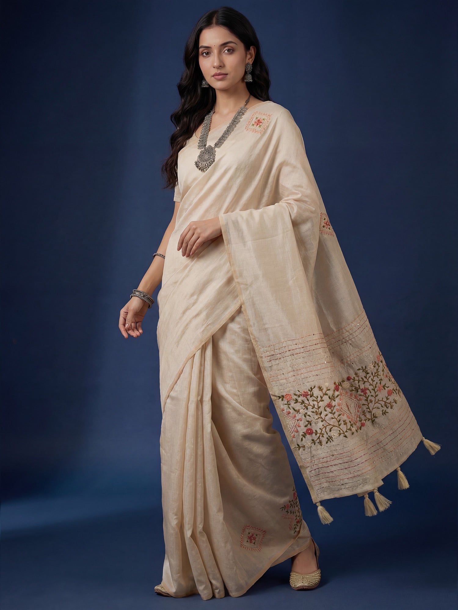 Beige Embroidered Tussar Silk Saree - Ressa