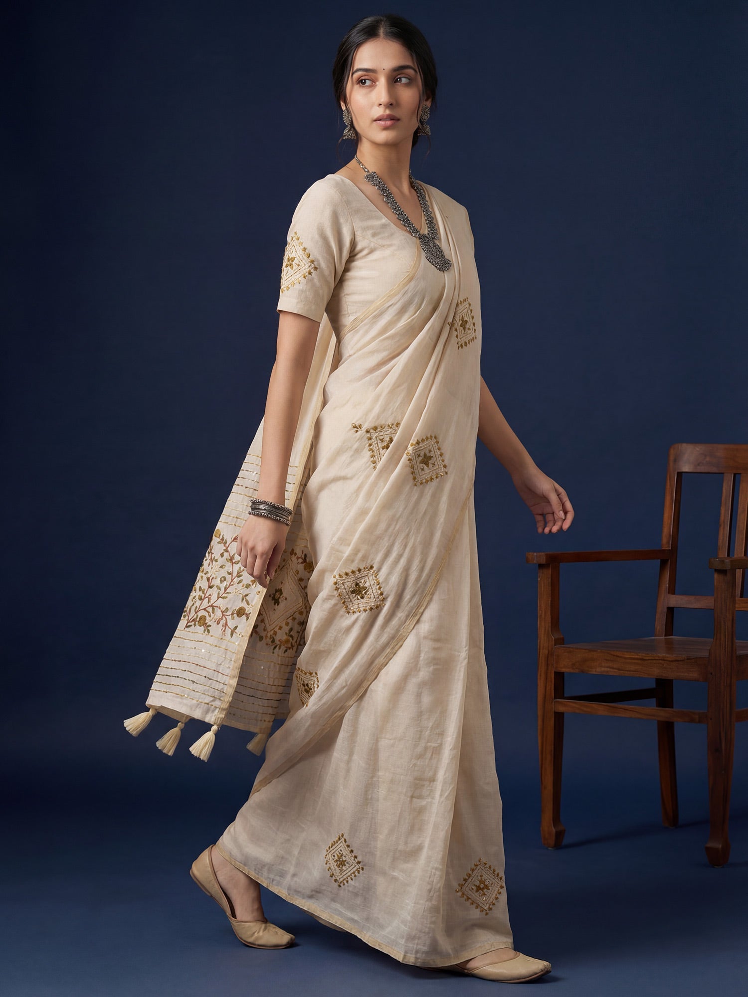Beige Embroidered Tussar Silk Saree - Ressa