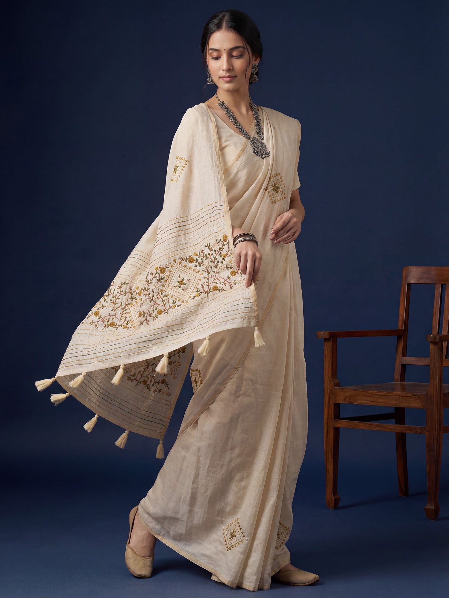Beige Embroidered Tussar Silk Saree - Ressa