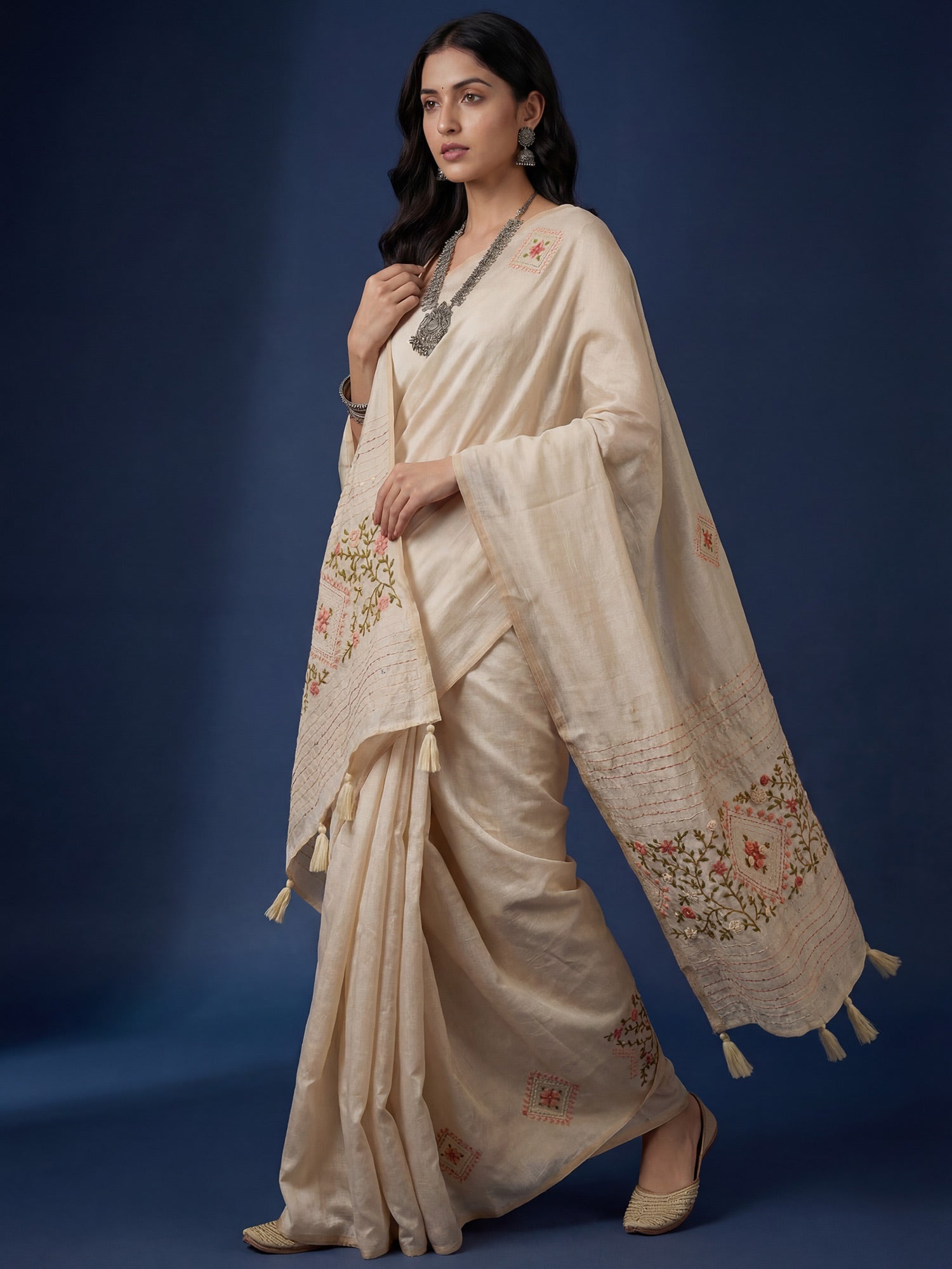 Beige Embroidered Tussar Silk Saree - Ressa