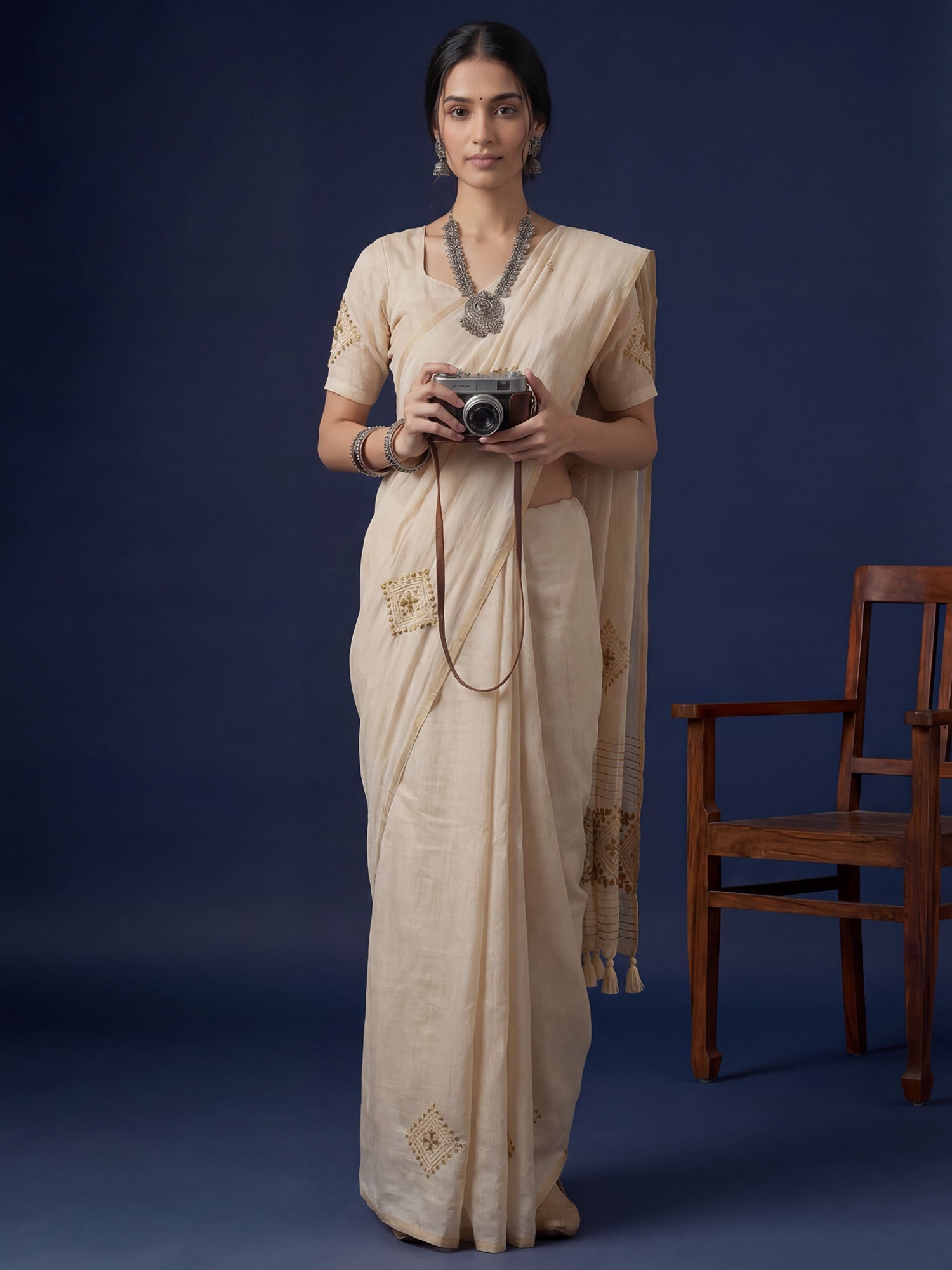 Beige Embroidered Tussar Silk Saree - Ressa