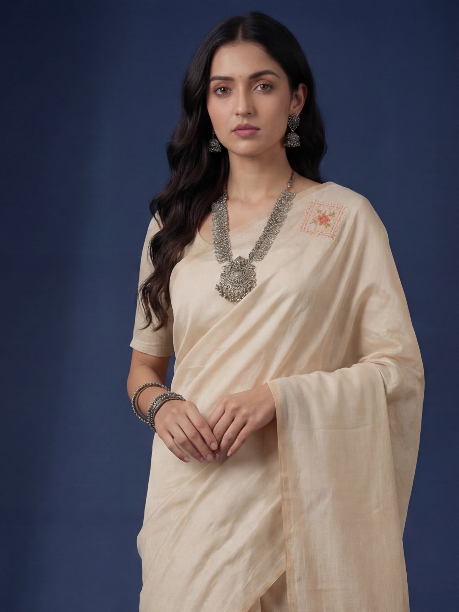 Beige Embroidered Tussar Silk Saree - Ressa