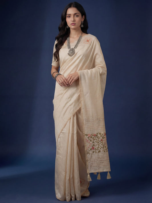 Beige Embroidered Tussar Silk Saree - Ressa