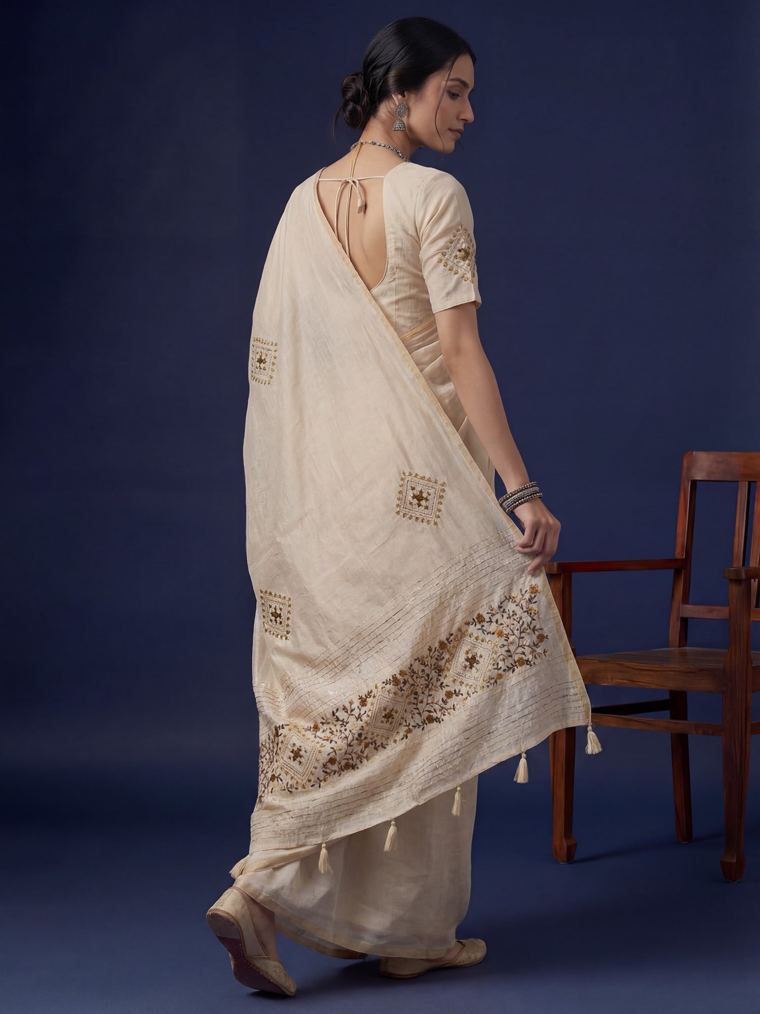 Beige Embroidered Tussar Silk Saree - Ressa
