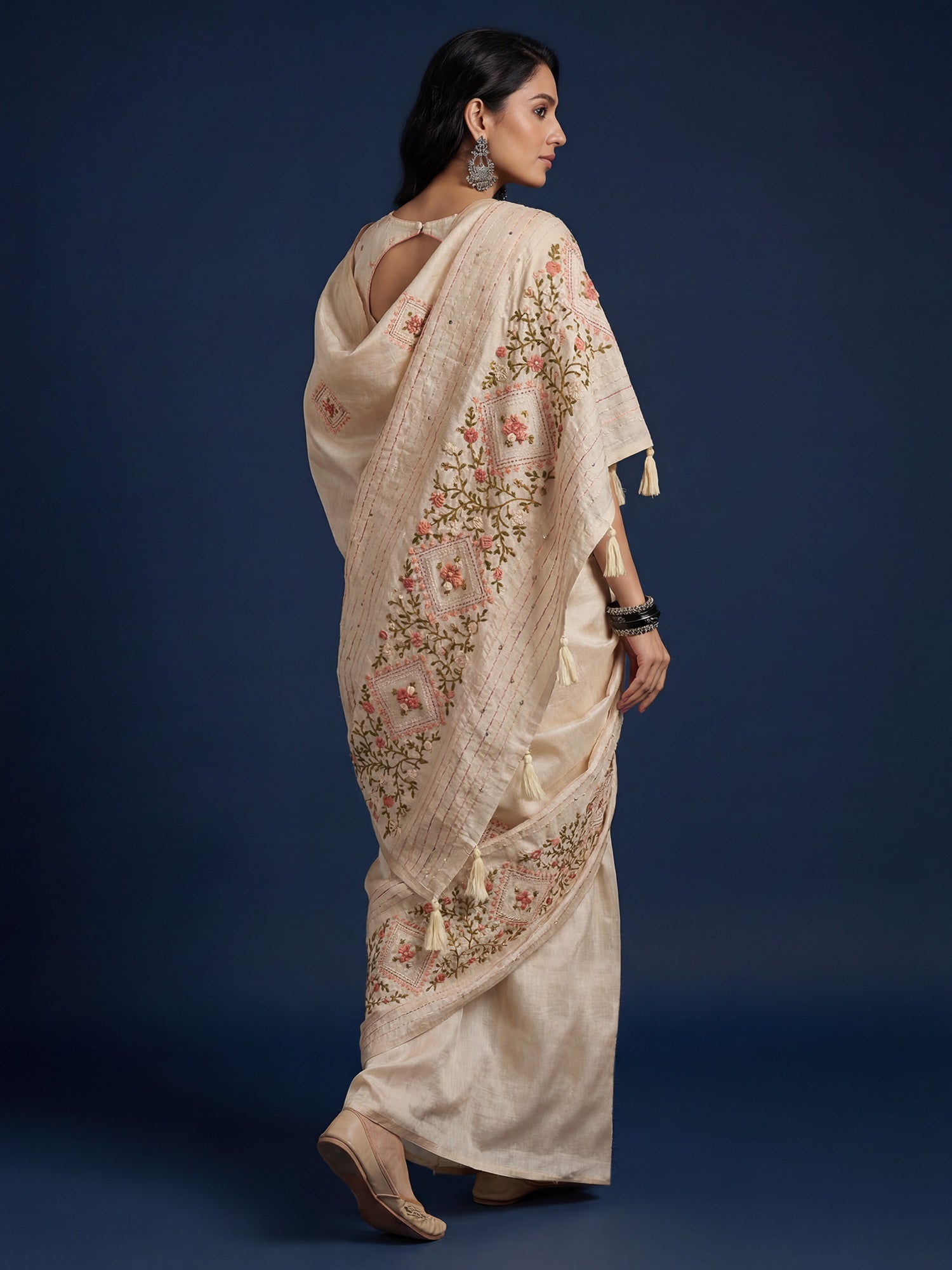 Beige Embroidered Tussar Silk Saree - Ressa