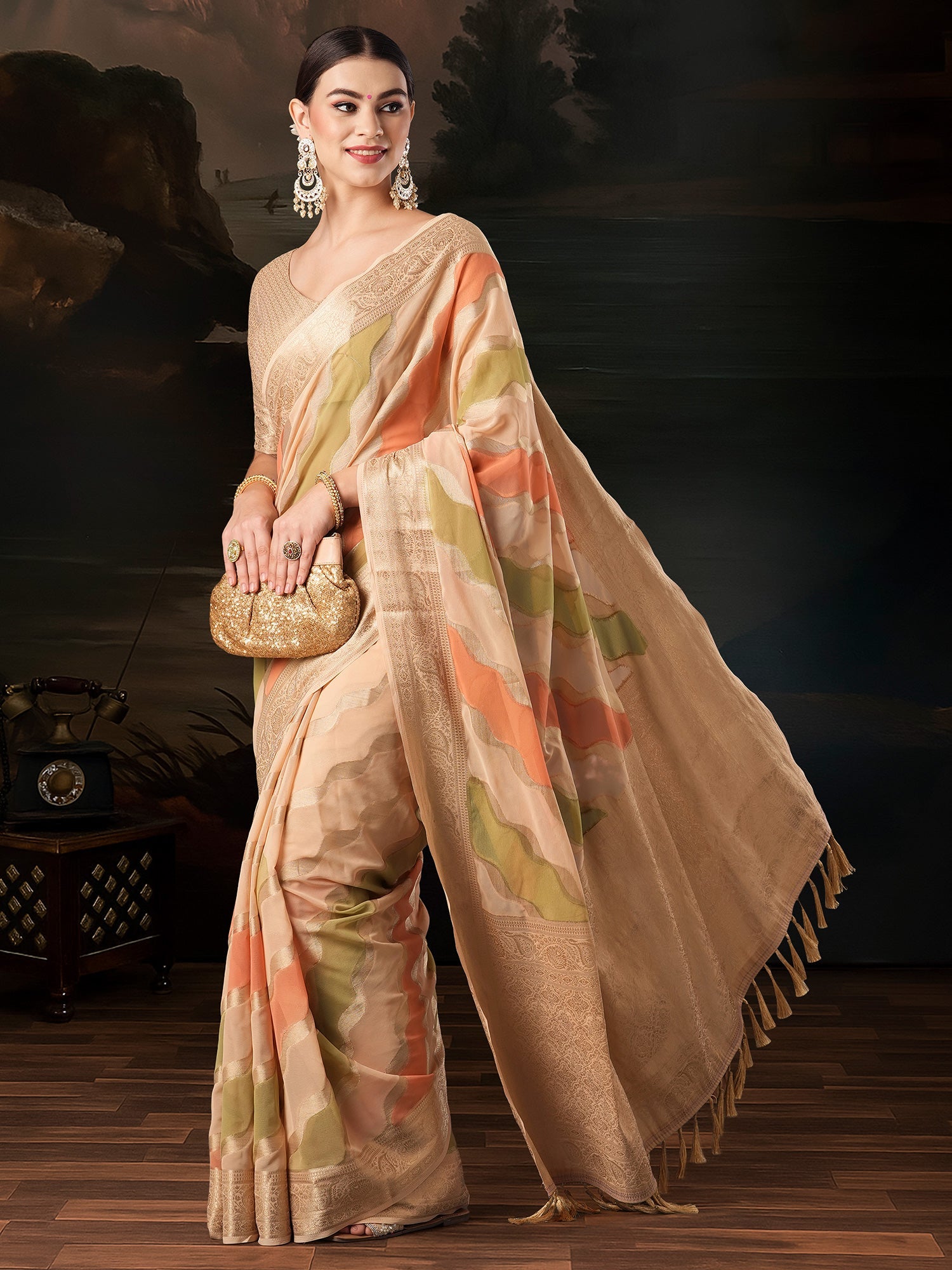 Beige Floral Georgette Saree with Jari Border - Ressa