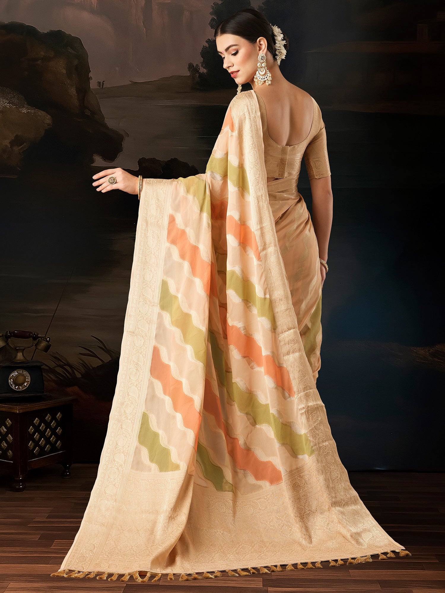 Beige Floral Georgette Saree with Jari Border - Ressa
