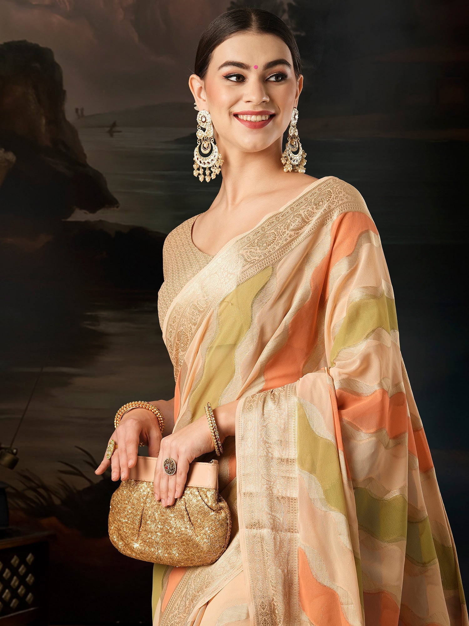 Beige Floral Georgette Saree with Jari Border - Ressa
