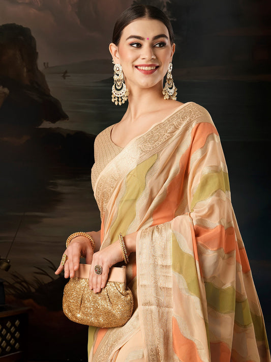 Beige Floral Georgette Saree with Jari Border - Ressa
