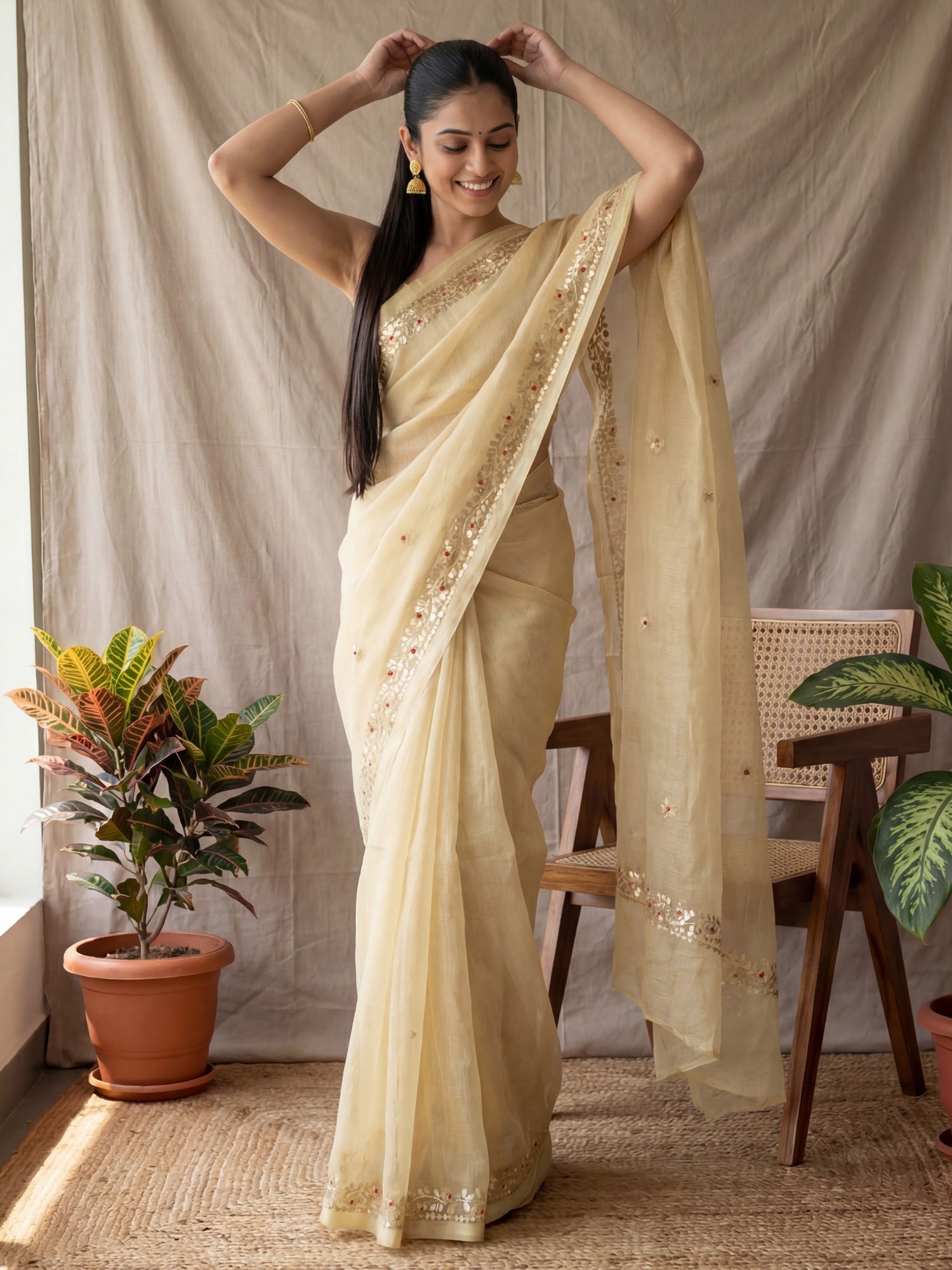 Beige Floral Organza Saree Rust Orange Chiffon Saree - Ressa