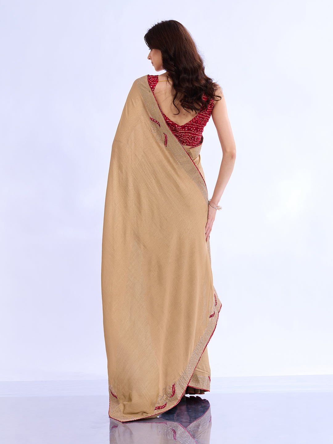 Beige Georgette Saree with Bandhani Blouse - Ressa