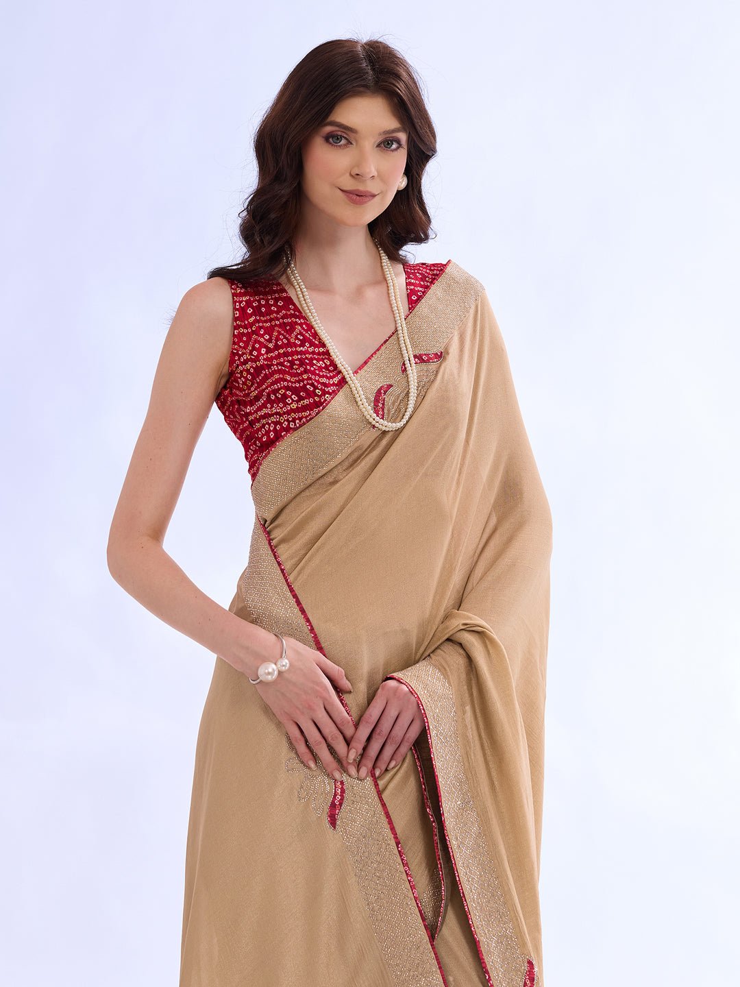 Beige Georgette Saree with Bandhani Blouse - Ressa